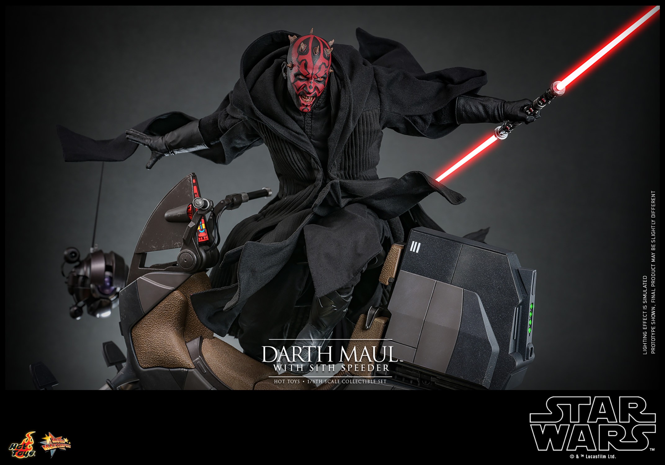 Close-up of Darth Maul (Sith Speeder) on display, riding the Sith Speeder with dual lightsaber in hand, hooded robe, and menacing expression. Collector Edition (Prototype Shown) View 3