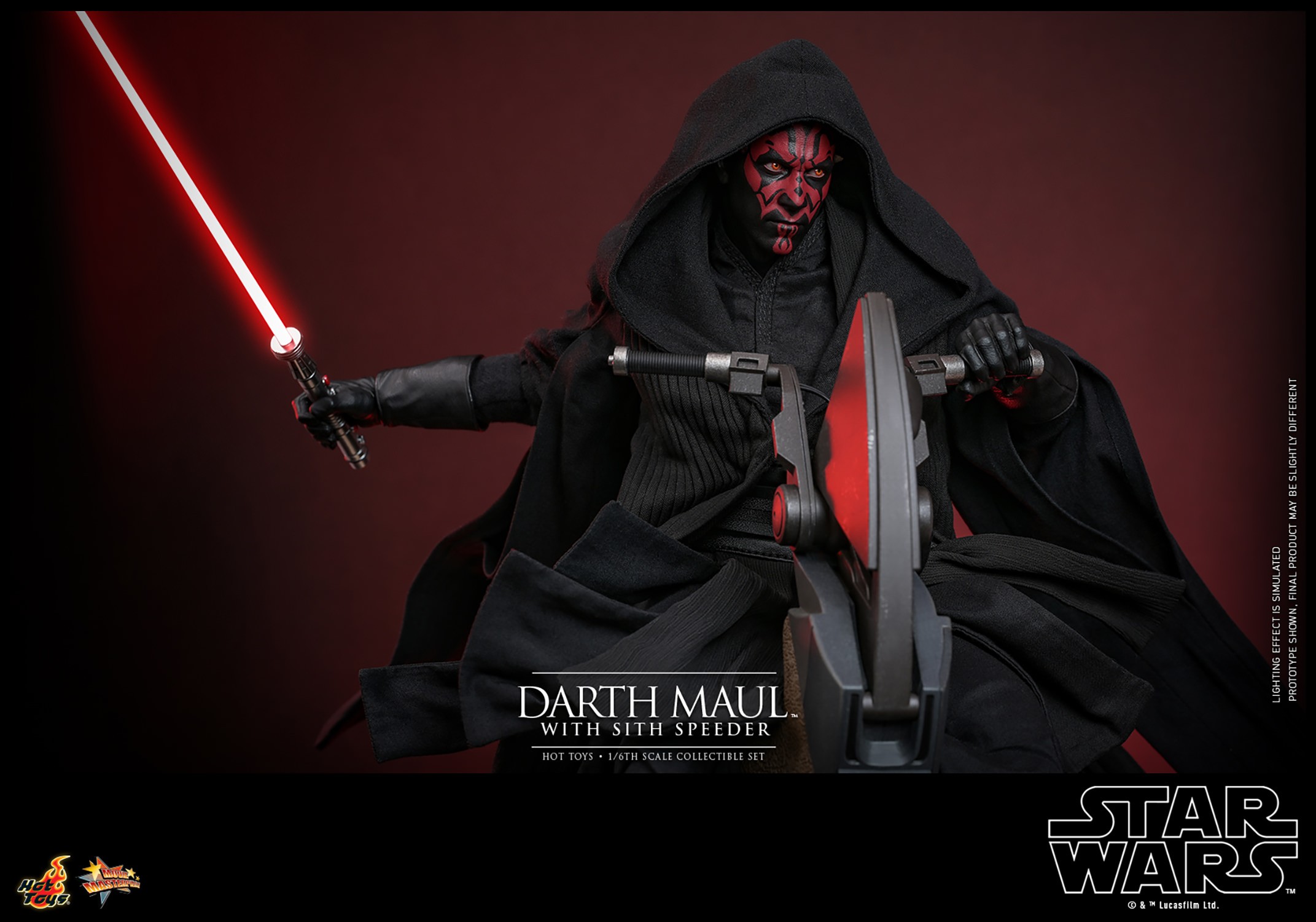 Full shot of Darth Maul (Sith Speeder) on the Sith Speeder, holding a single-bladed lightsaber in his right hand, clutching the speeder's handle with his left hand, wearing a black hooded robe and a serious expression. Collector Edition (Prototype Shown) View 4