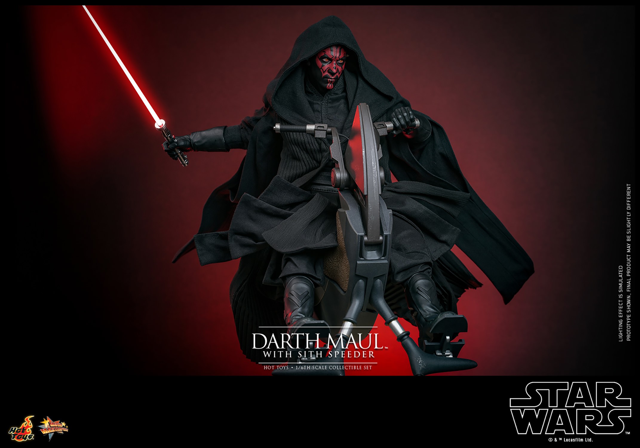 Full shot of Darth Maul (Sith Speeder) on the Sith Speeder, holding a single-bladed lightsaber in his right hand, clutching the speeder's handle with his left hand, wearing a black hooded robe and a serious expression. Collector Edition (Prototype Shown) View 5