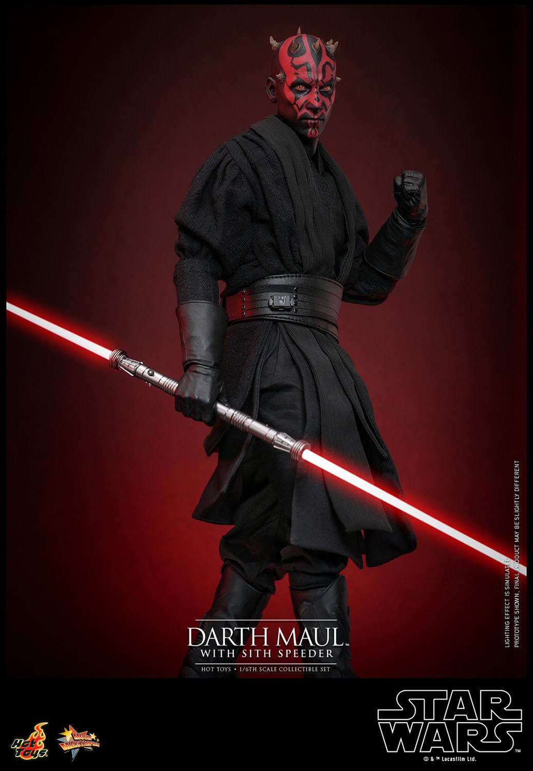 Full body shot of Darth Maul (Sith Speeder) holding a dual-bladed lightsaber in his right hand, with his left arm curled up and upper body turned toward the front. Collector Edition (Prototype Shown) View 6