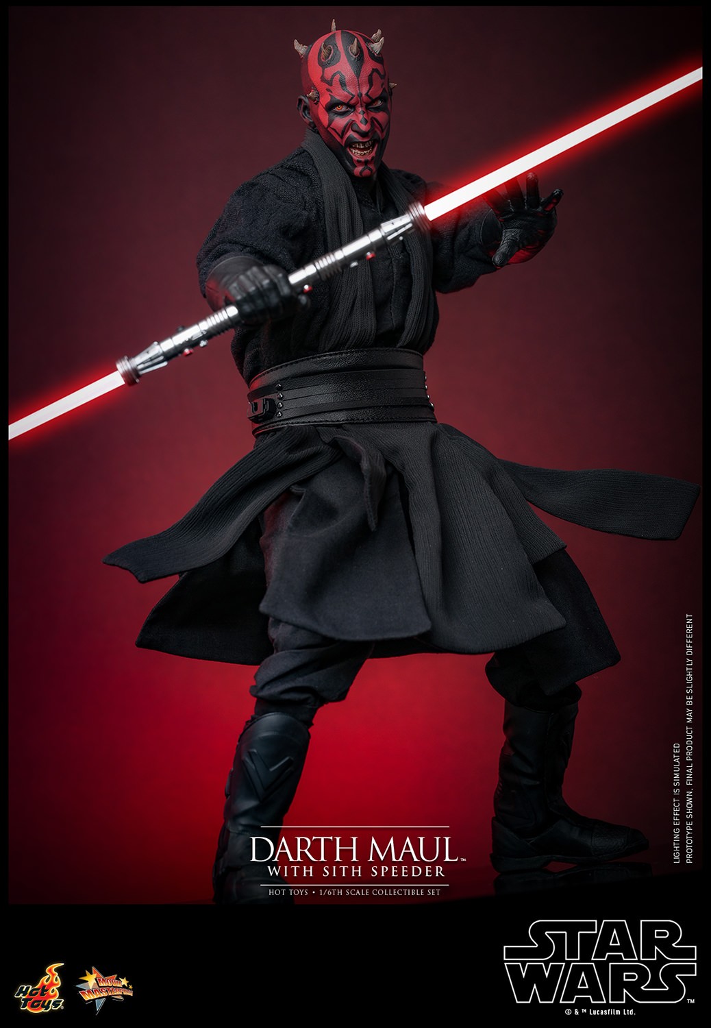 Full body shot of Darth Maul (Sith Speeder) in a wide stance, menacing expression, holding a red dual lightsaber horizontally with left arm pulled back. Collector Edition (Prototype Shown) View 7