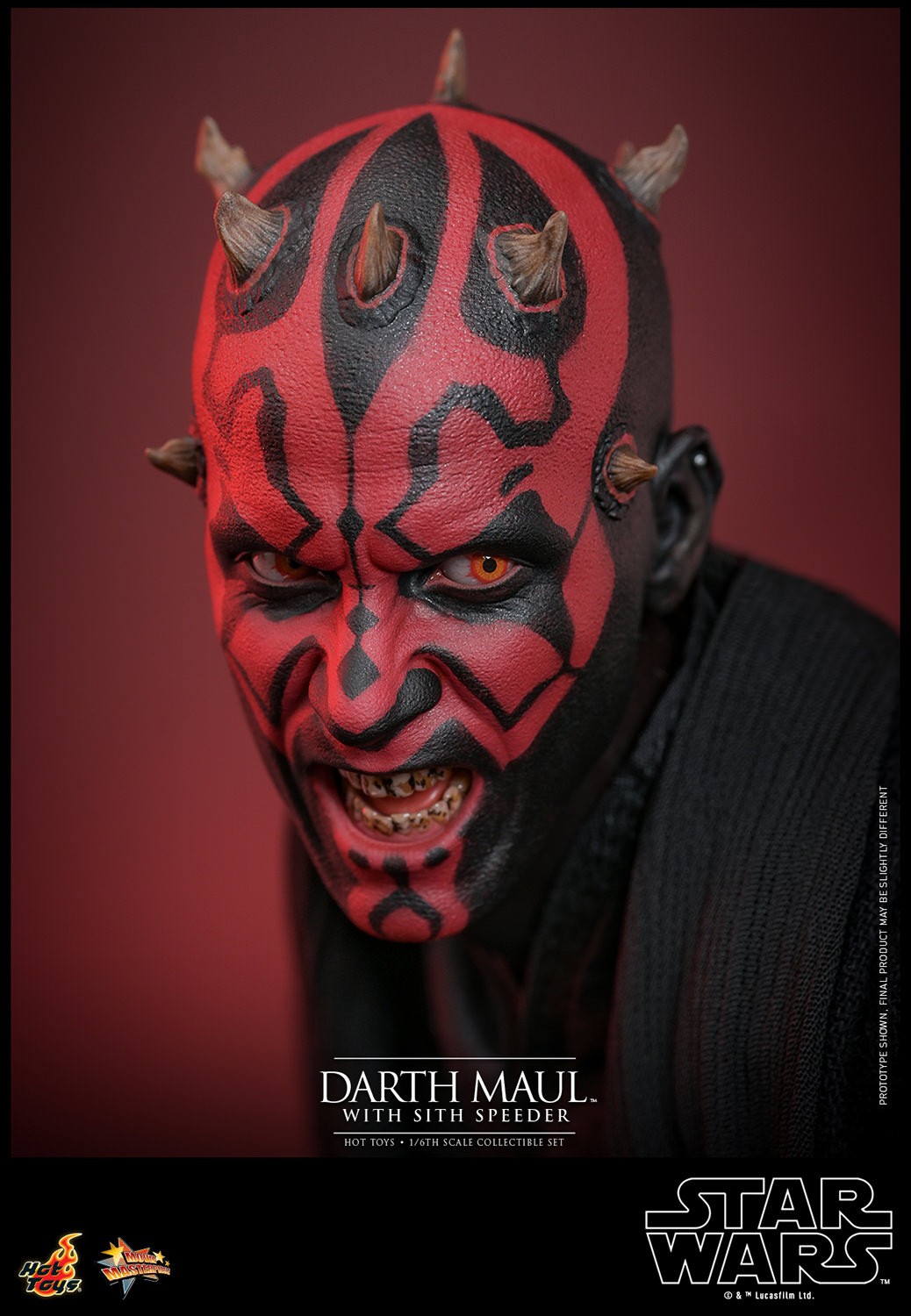 Close-up portrait of Darth Maul (Sith Speeder) showcasing his menacing face with red and black facial markings, yellow and black teeth, and deep red eye pupils. Collector Edition (Prototype Shown) View 10