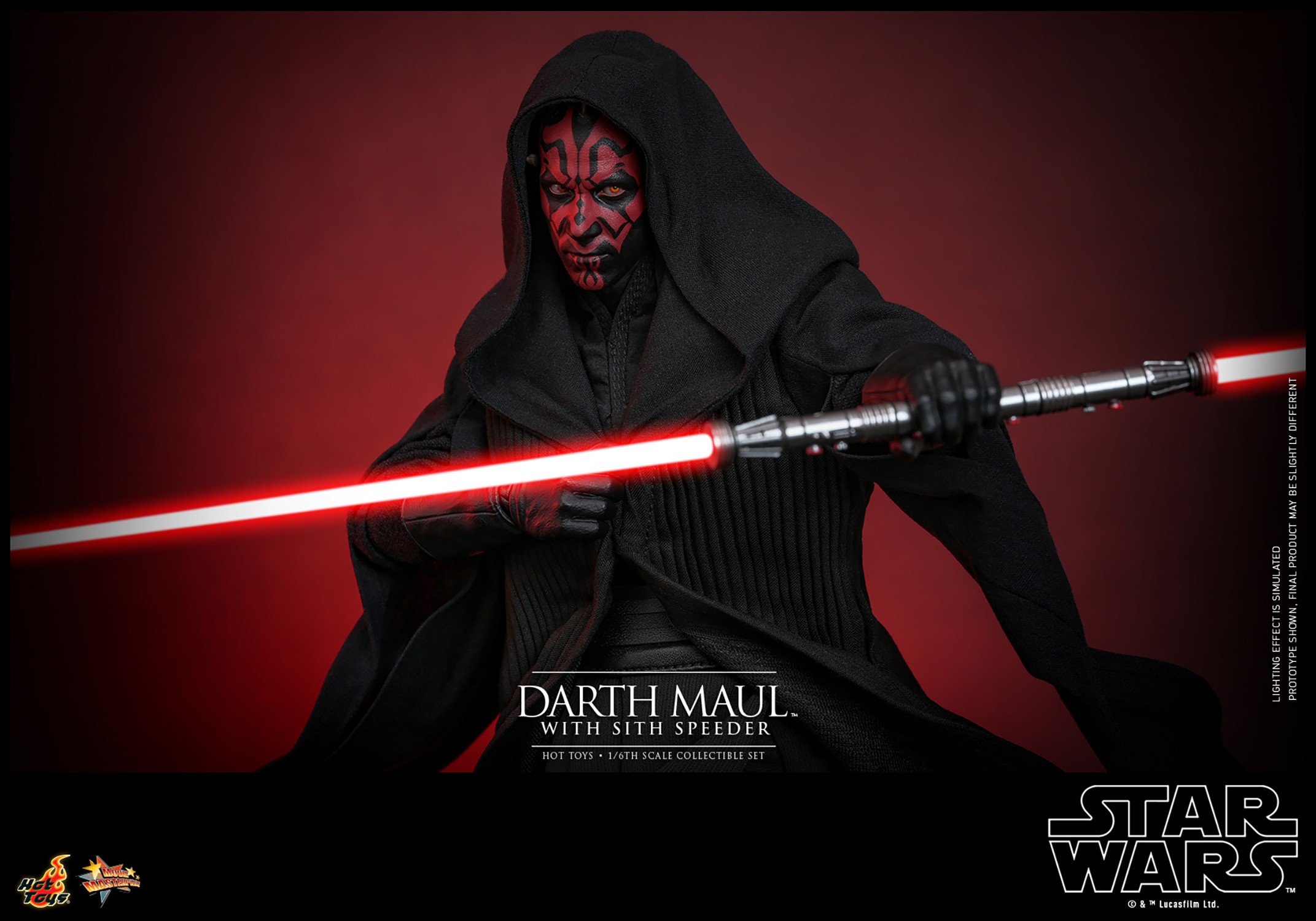 Half body shot of Darth Maul (Sith Speeder) in a black hooded robe, holding a dual lightsaber horizontally in his left hand in front of his torso, with a serious expression. Collector Edition (Prototype Shown) View 14