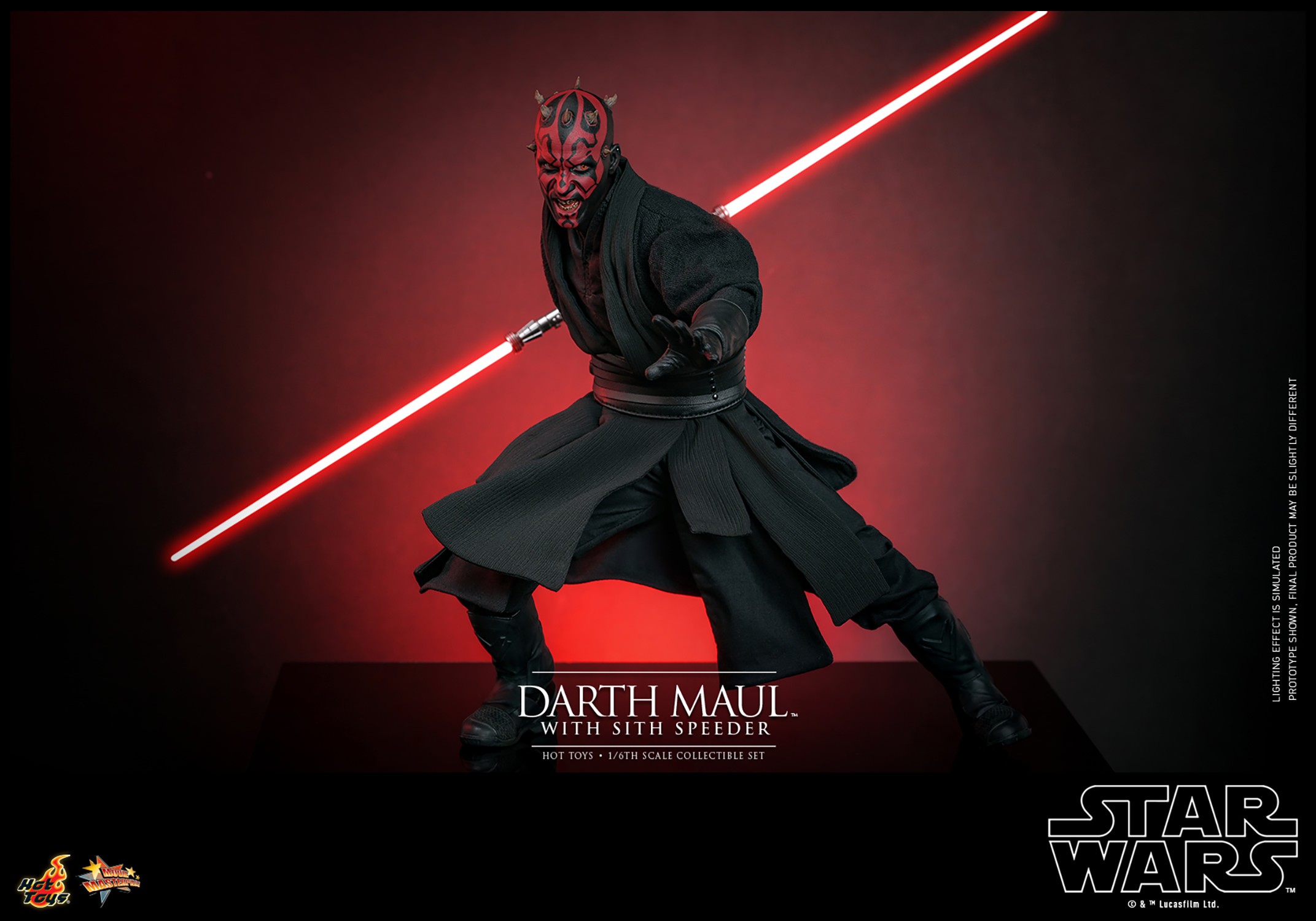 Half body shot of Darth Maul (Sith Speeder) showing him in a slight crouch with his left palm extended in front, holding a dual lightsaber pulled back by his right side, with a menacing expression. Collector Edition (Prototype Shown) View 15