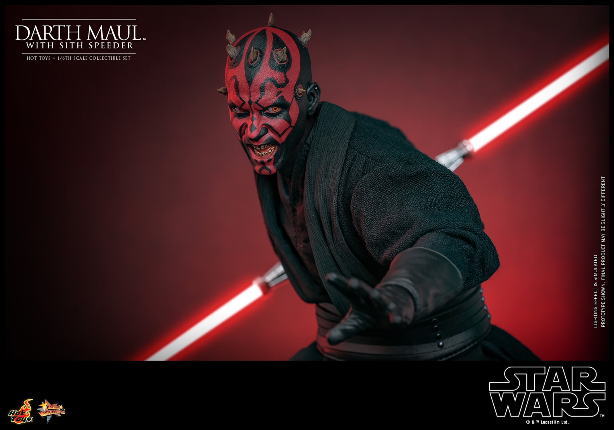 Half body shot of Darth Maul (Sith Speeder) showing him in a slight crouch with his left palm extended in front, holding a dual lightsaber pulled back by his right side, with a menacing expression. Collector Edition (Prototype Shown) View 16