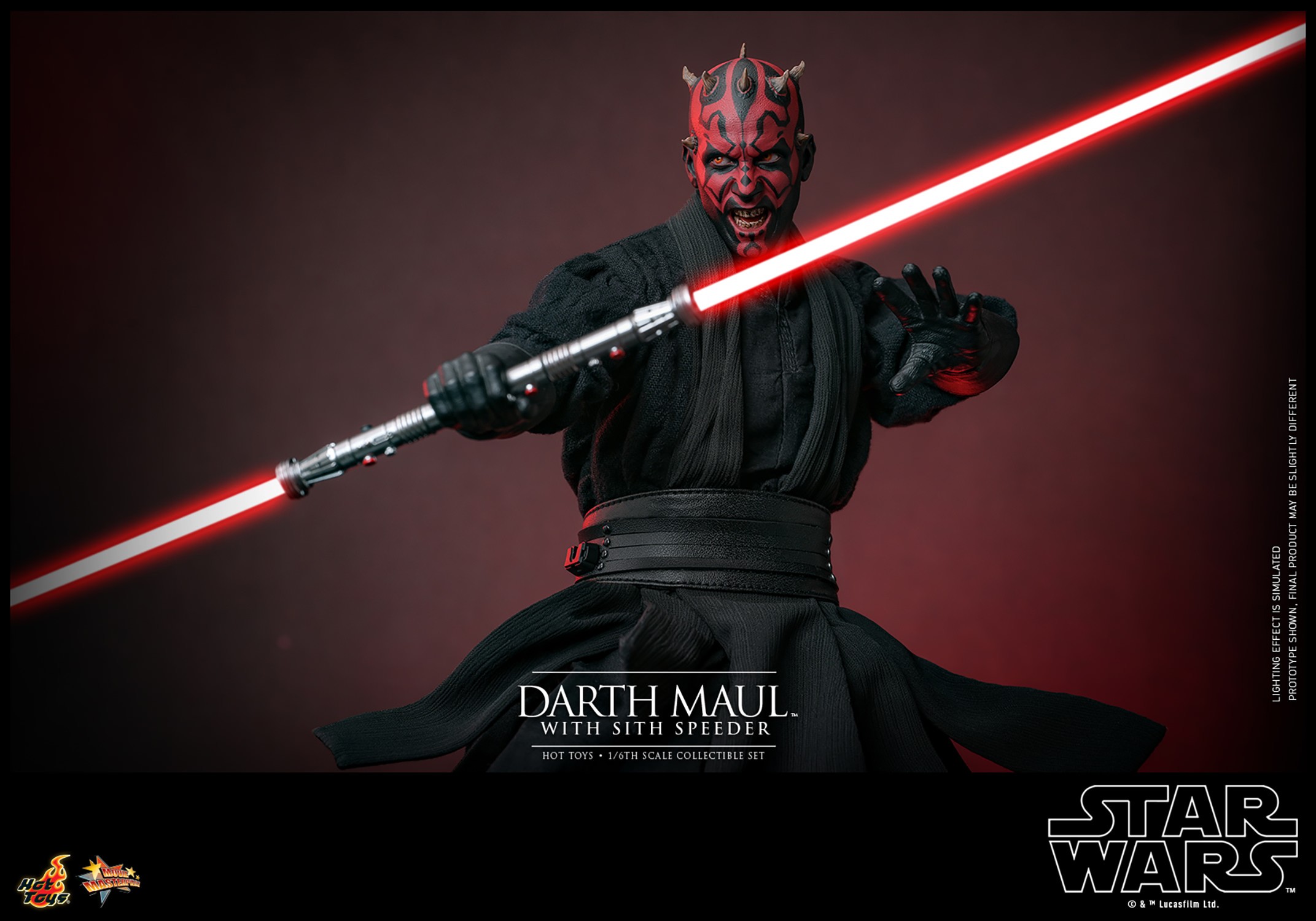 Half body shot of Darth Maul (Sith Speeder) in a wide stance, menacing expression, holding a red dual lightsaber horizontally with left arm pulled back. Collector Edition (Prototype Shown) View 18