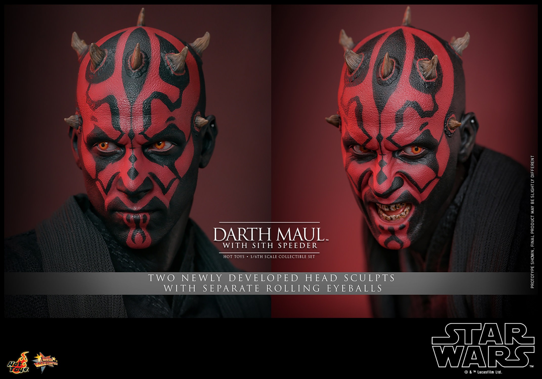Two facial portraits of Darth Maul (Sith Speeder) showcasing a serious expression and a menacing face with red and black facial markings. Collector Edition (Prototype Shown) View 19