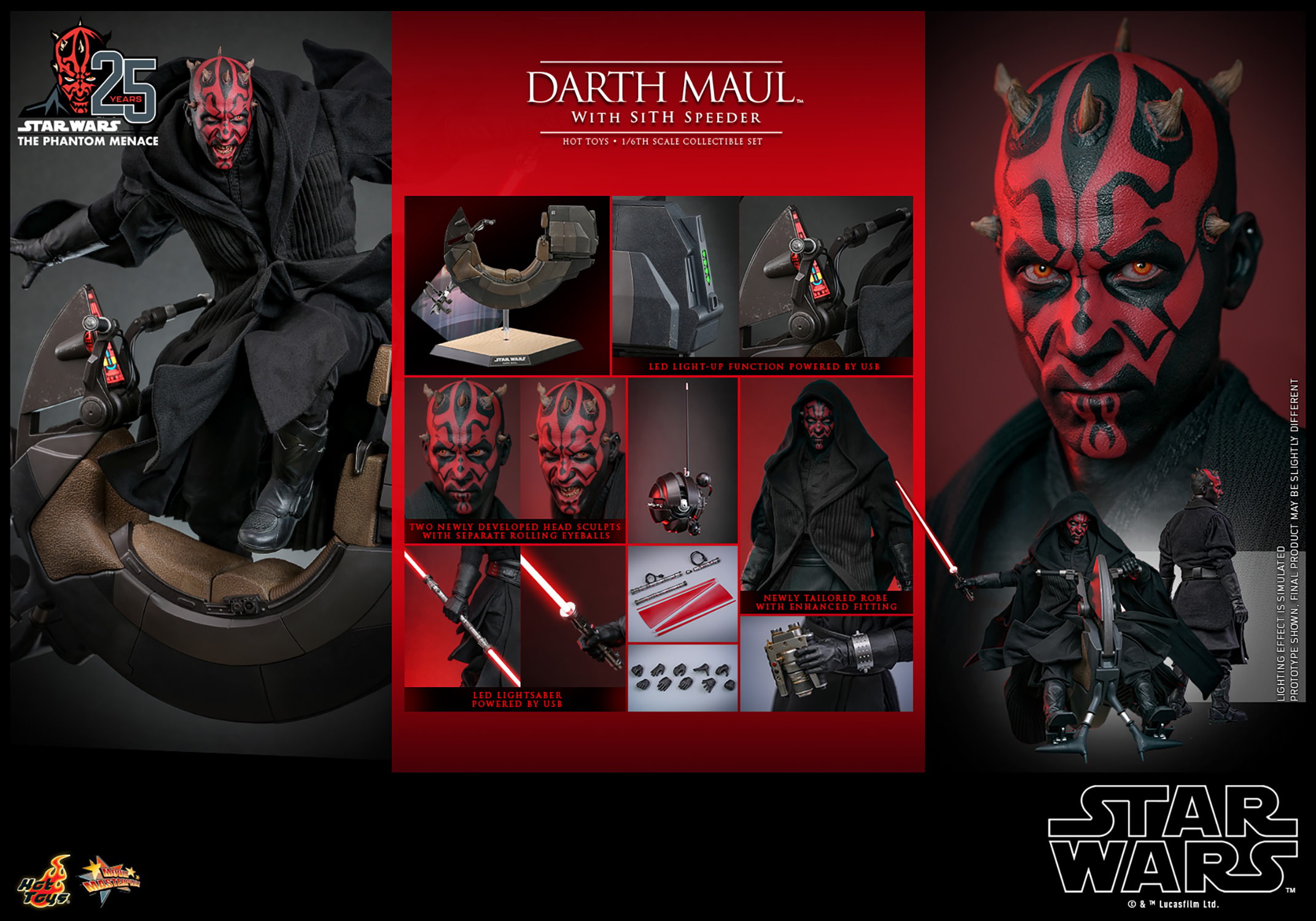 Multiple portraits of Darth Maul (Sith Speeder) showcasing various expressions and headsculpts, along with details of the box contents. Collector Edition (Prototype Shown) View 21
