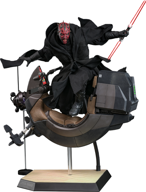 Full shot of Darth Maul (Sith Speeder) riding the Sith Speeder, holding a dual lightsaber in his left hand, wearing a black hooded robe, with a menacing expression. Collector Edition (Prototype Shown) View 22