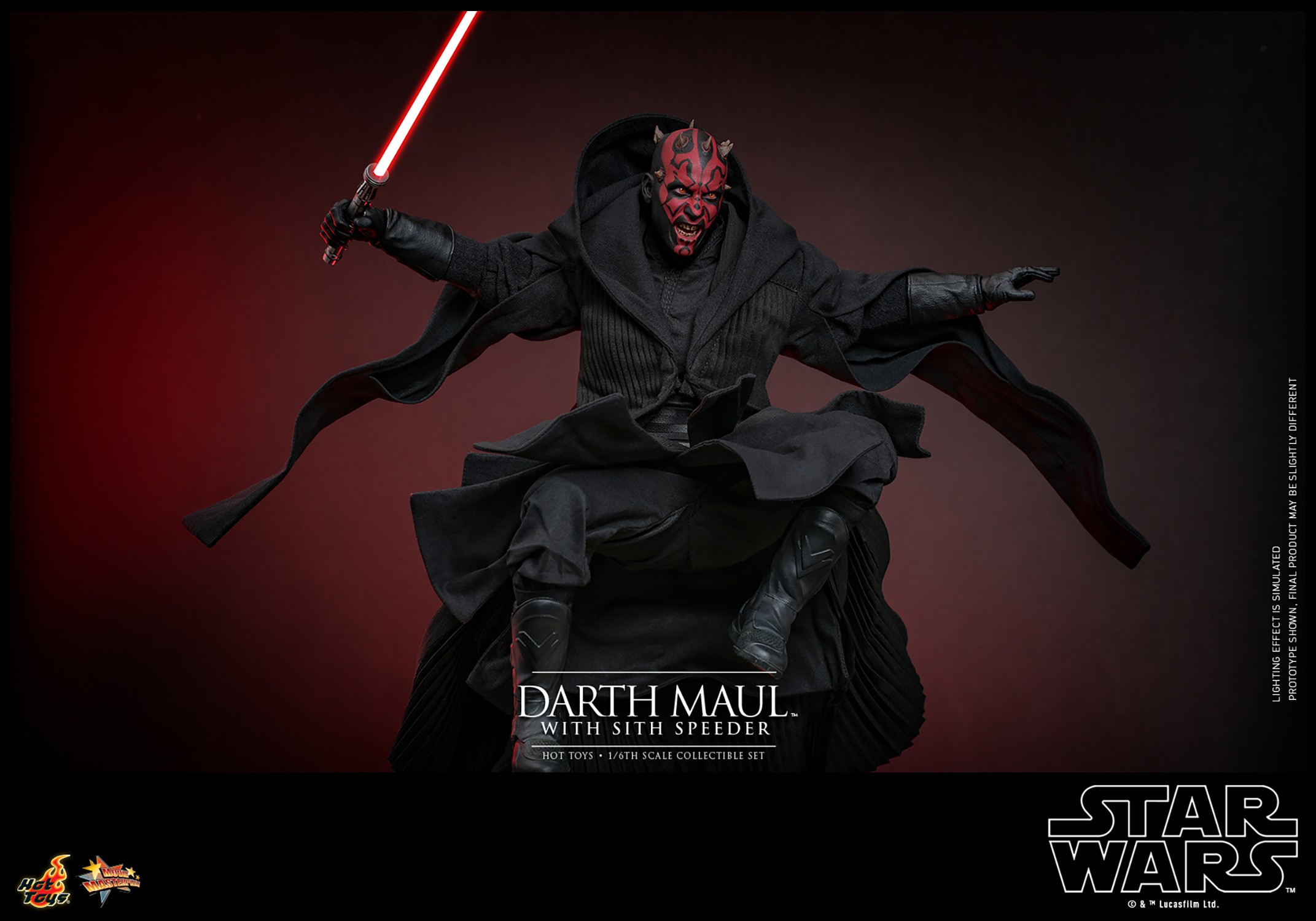 Action shot of Darth Maul (Sith Speeder) (Special Edition) in a crouched position in the air, wearing a black robe, with a menacing expression, holding a single-blade lightsaber in his right hand. (Prototype Shown) View 5