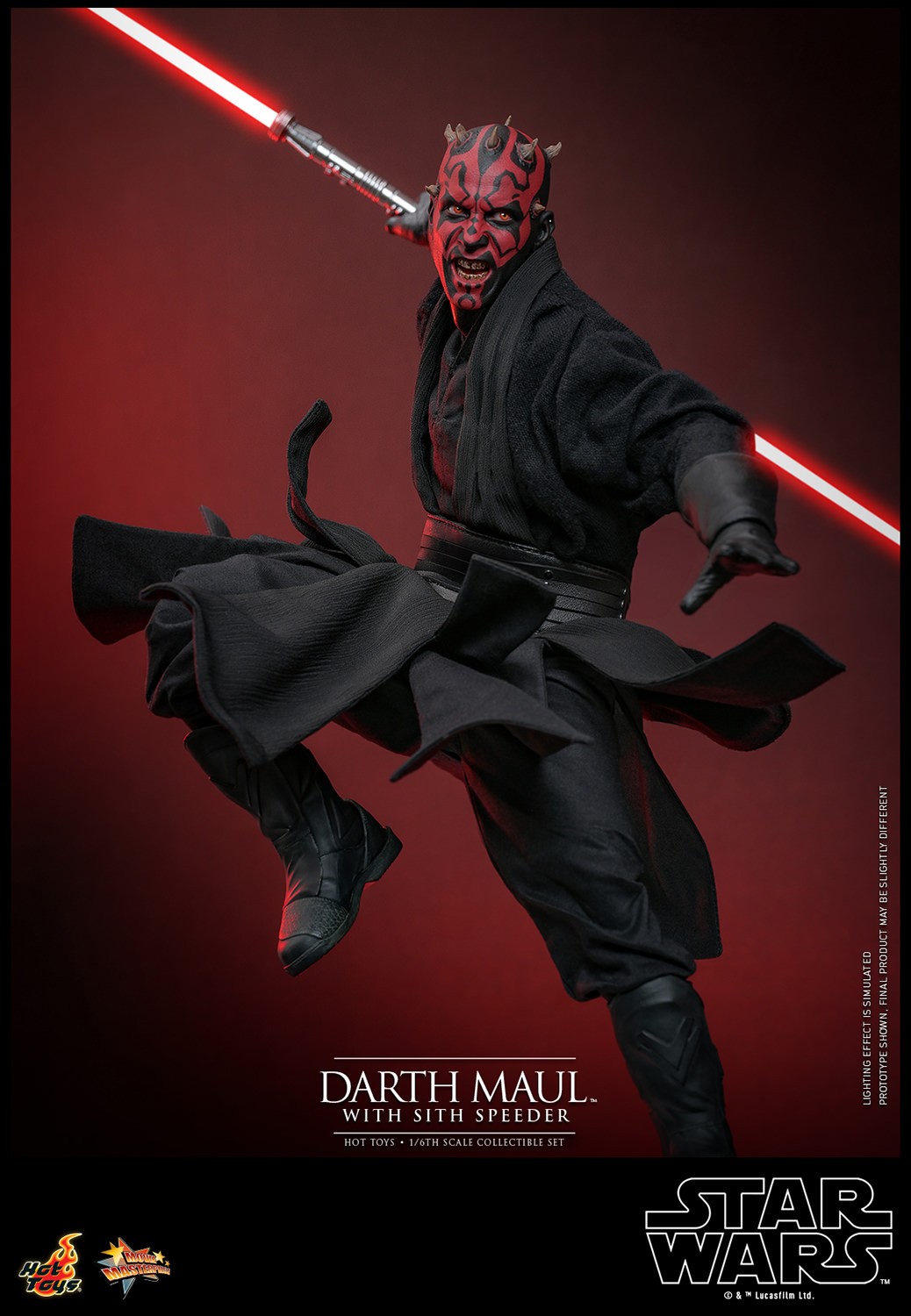 Action shot of Darth Maul (Sith Speeder) (Special Edition) in the air with his right leg bent, holding a single-bladed lightsaber pulled back with a menacing expression. (Prototype Shown) View 8