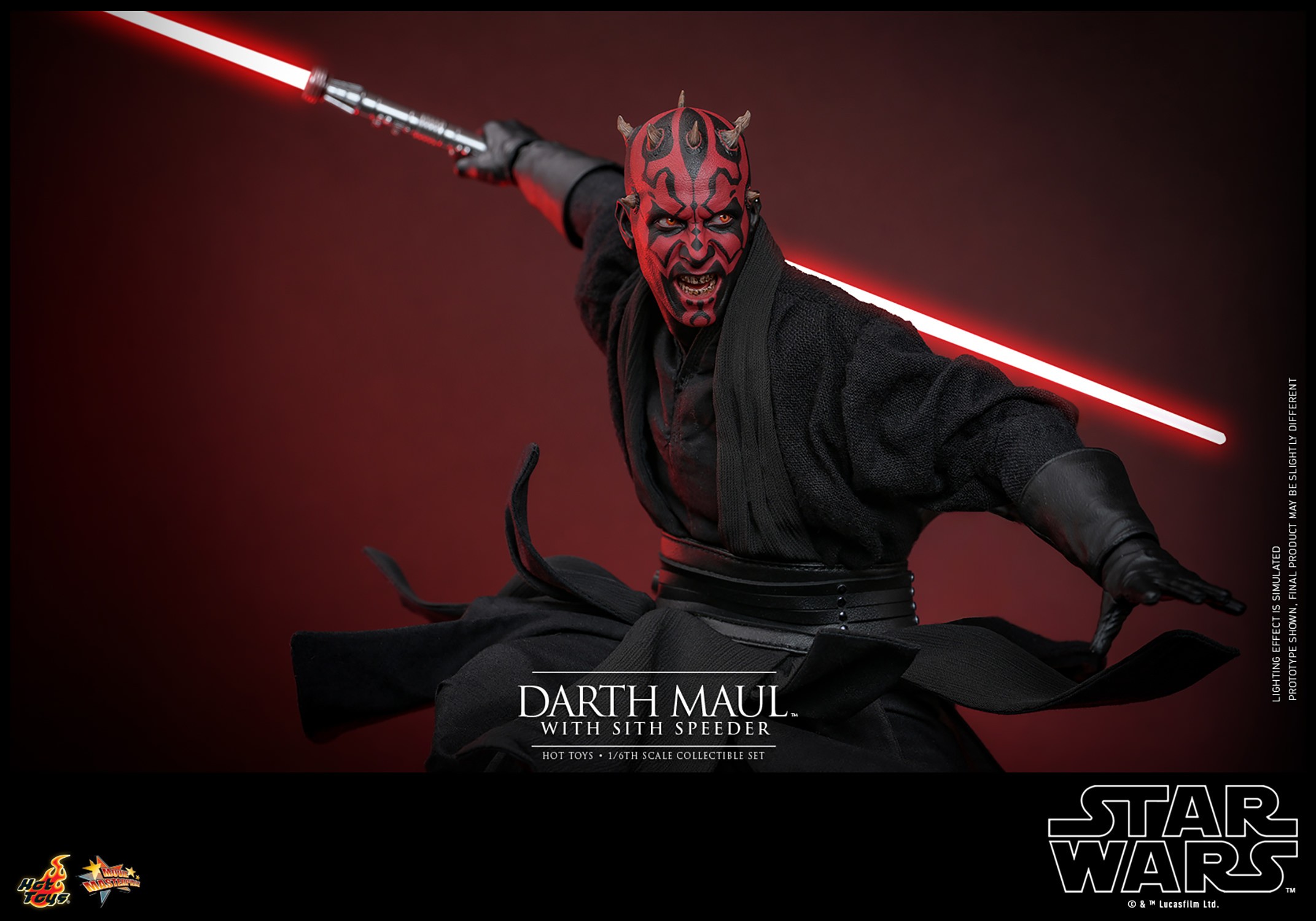 Action shot of Darth Maul (Sith Speeder) (Special Edition) in the air with his right leg bent, holding a single-bladed lightsaber pulled back with a menacing expression. (Prototype Shown) View 16