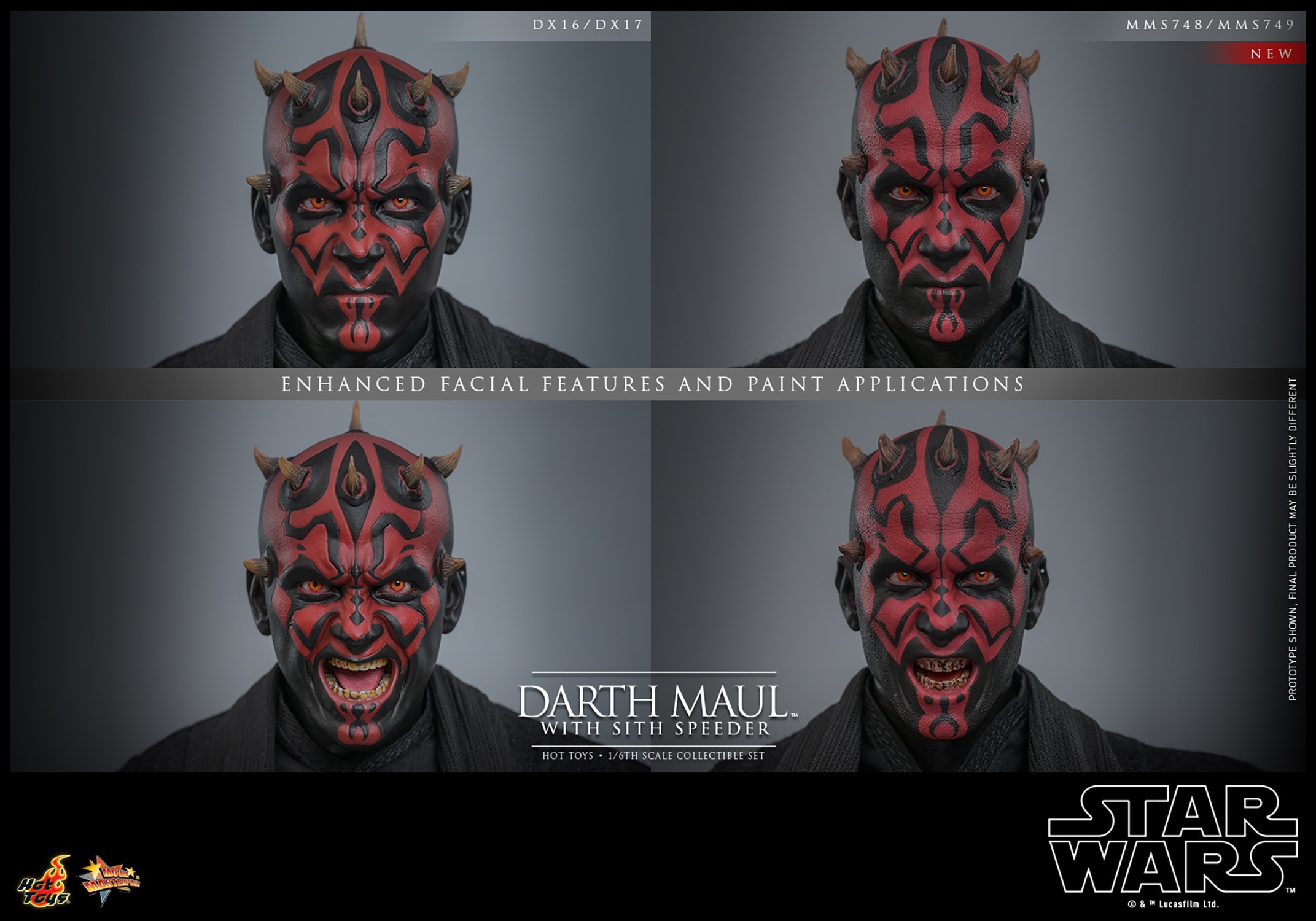 Four face portraits of Darth Maul (Sith Speeder) (Special Edition) showcasing enhanced facial features and detailed red and black paint applications. (Prototype Shown) View 19