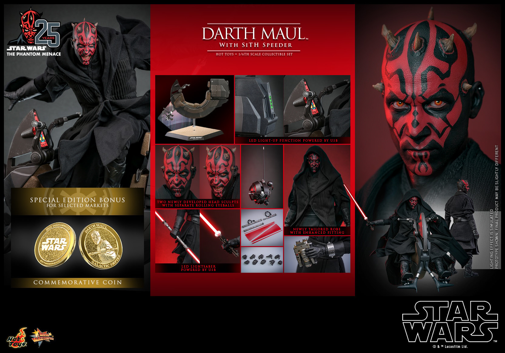 Multiple portraits of Darth Maul (Special Edition) (Special Edition) showcasing various expressions and headsculpts, along with details of the box contents and special edition bonus commemorative coin. (Prototype Shown) View 21