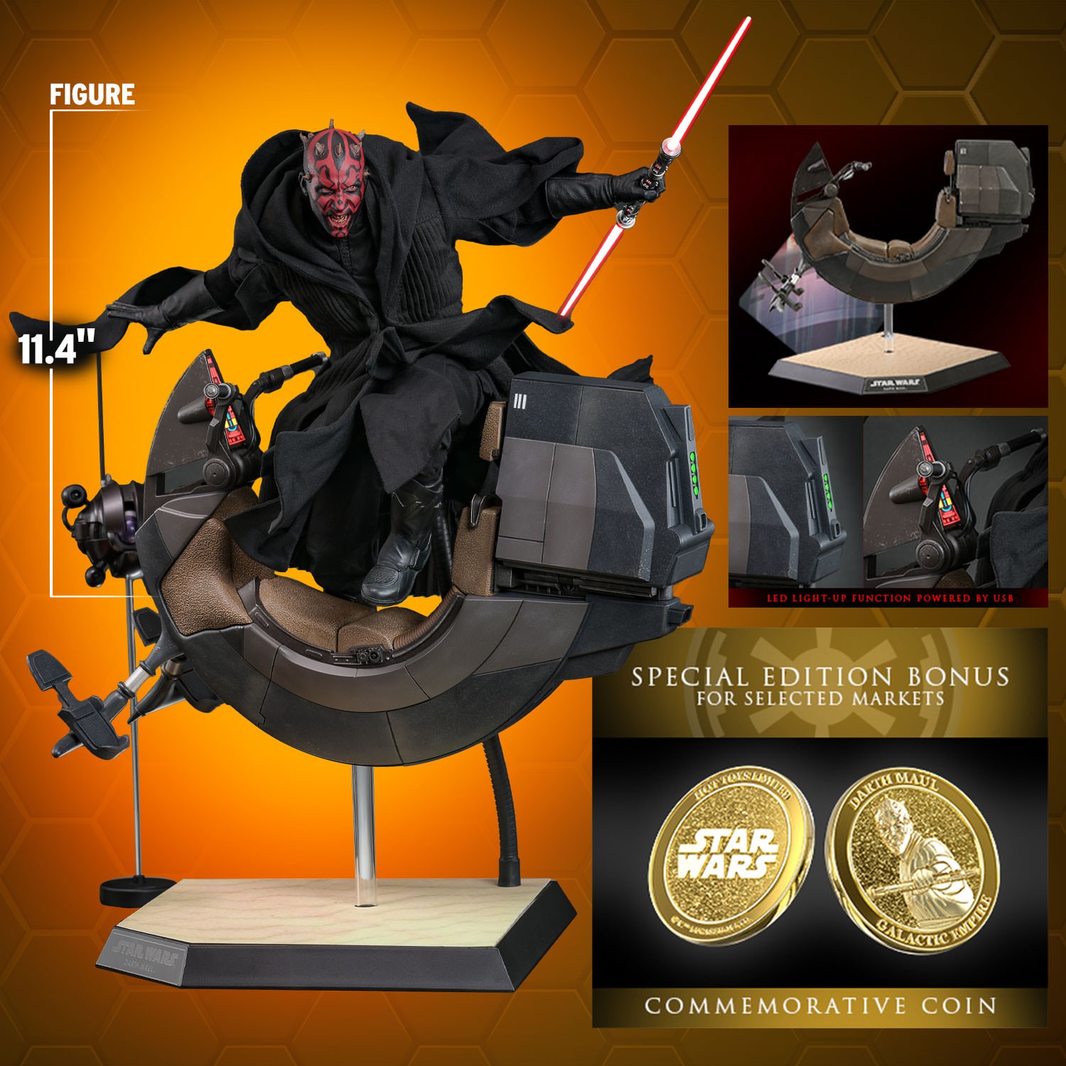 Full body shot of Darth Maul (Special Edition) (Special Edition) highlighting the figure's scale, with additional portraits showcasing the box contents and special edition commemorative coin. (Prototype Shown) View 2