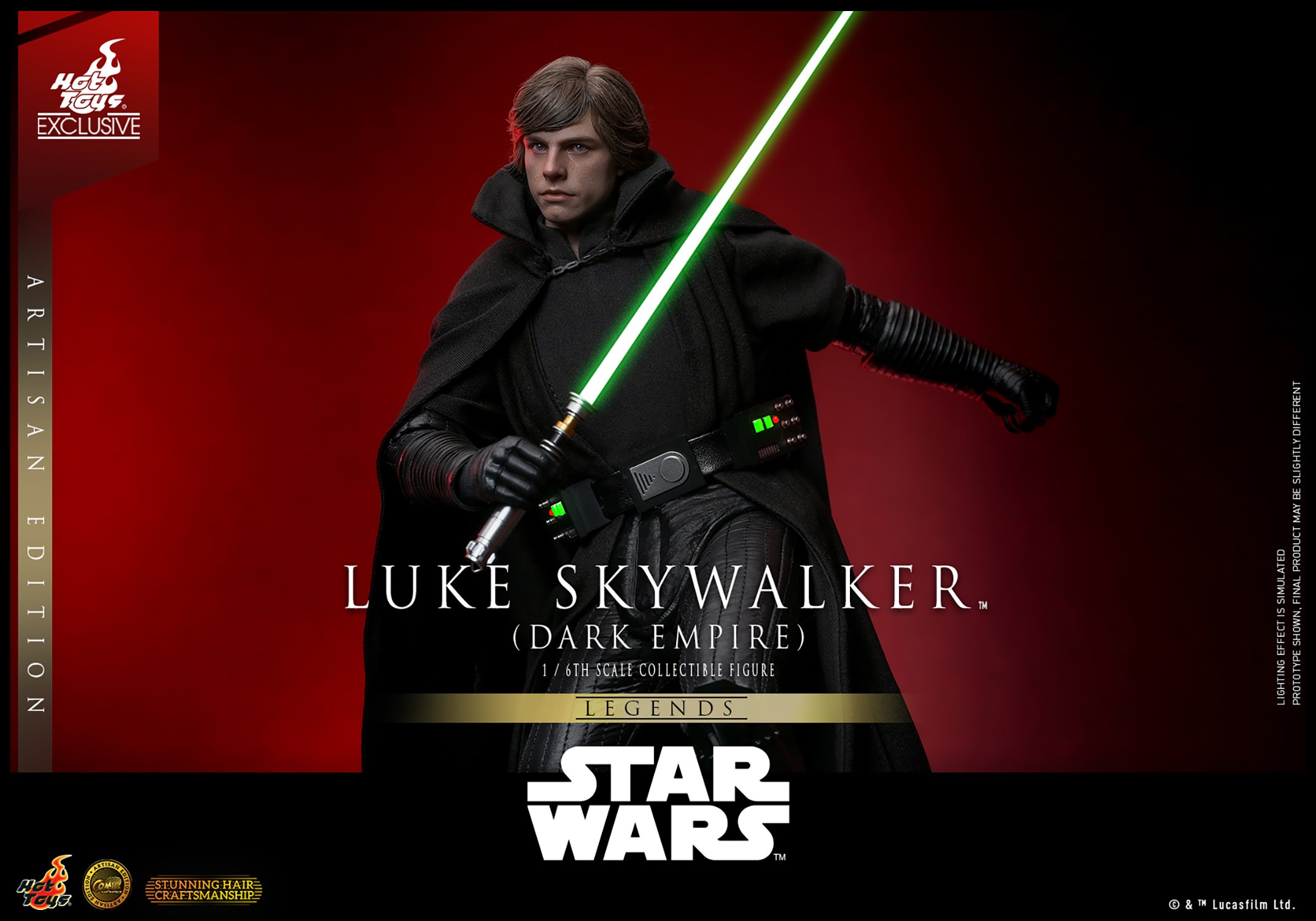 Half-body shot of Luke Skywalker™ (Dark Empire) slightly crouching, holding his green lightsaber in front, left arm pulled back, with a focused, serious expression. (Prototype Shown) View 3