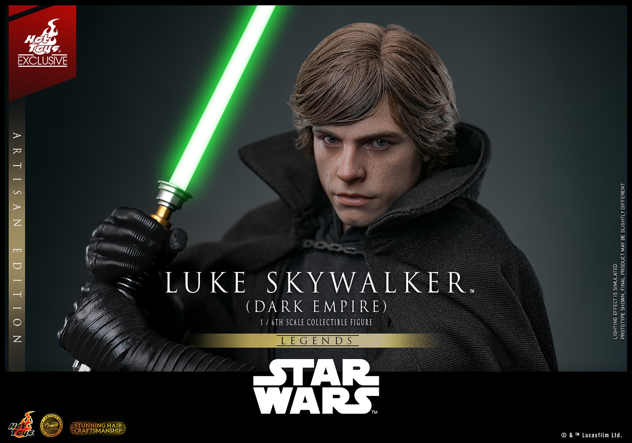 Close-up portrait of Luke Skywalker™ (Dark Empire) showcasing a serious expression, holding his green lightsaber on the right side of his face with both hands. (Prototype Shown) View 5