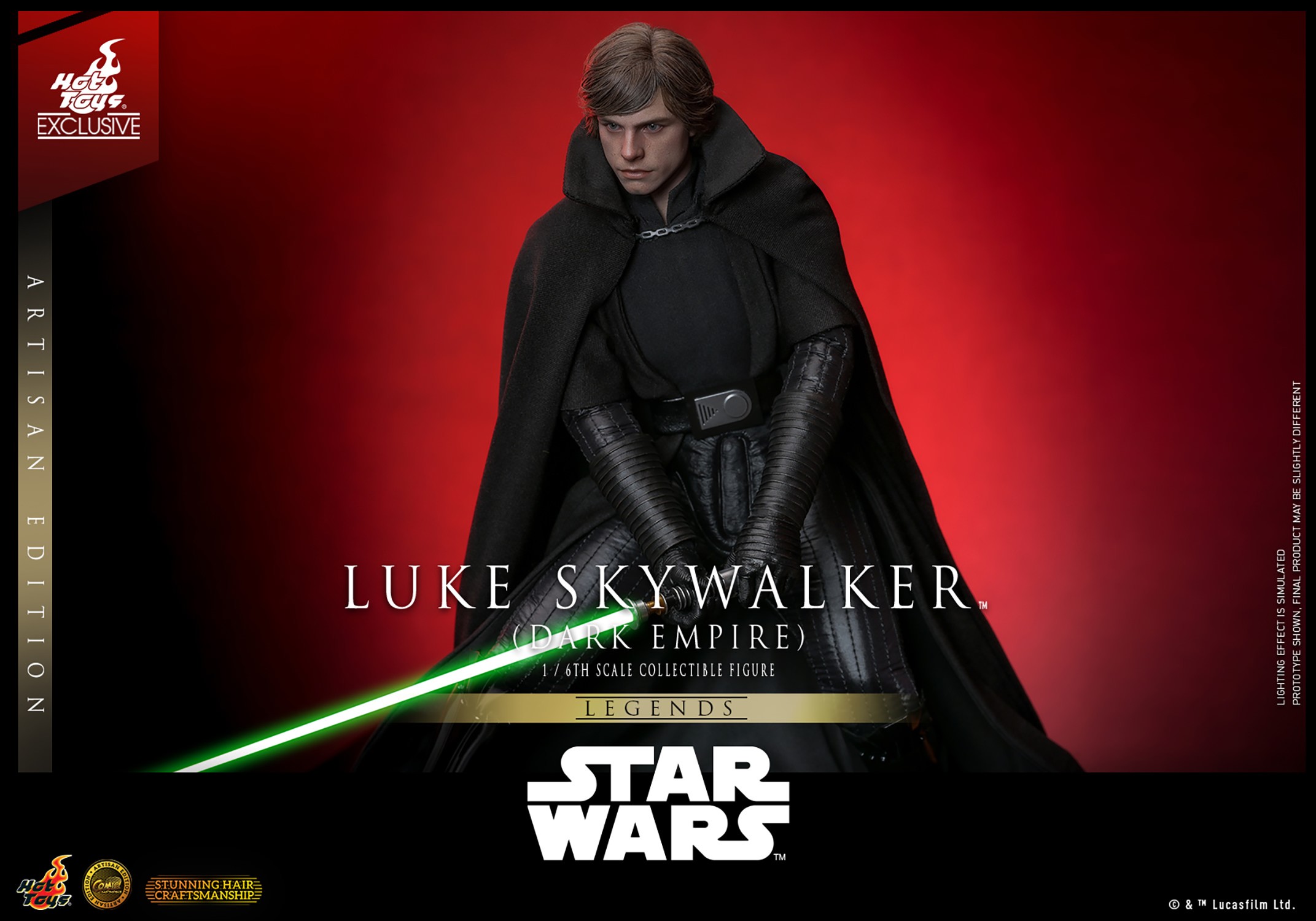 Half-body shot of Luke Skywalker™ (Dark Empire) crouching down, holding a green lightsaber with both hands, positioned in front of his body. (Prototype Shown) View 8