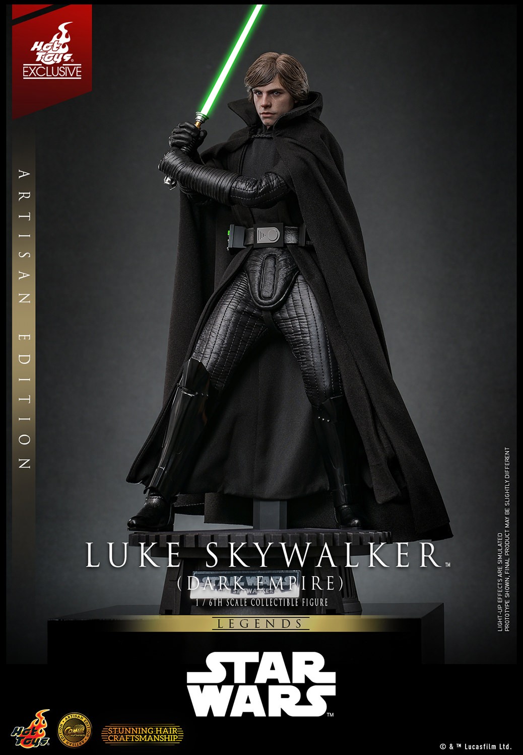Full-body shot of Luke Skywalker™ (Dark Empire) with a serious expression, holding his green lightsaber on the right side of his face, slightly crouched on a display base. (Prototype Shown) View 10