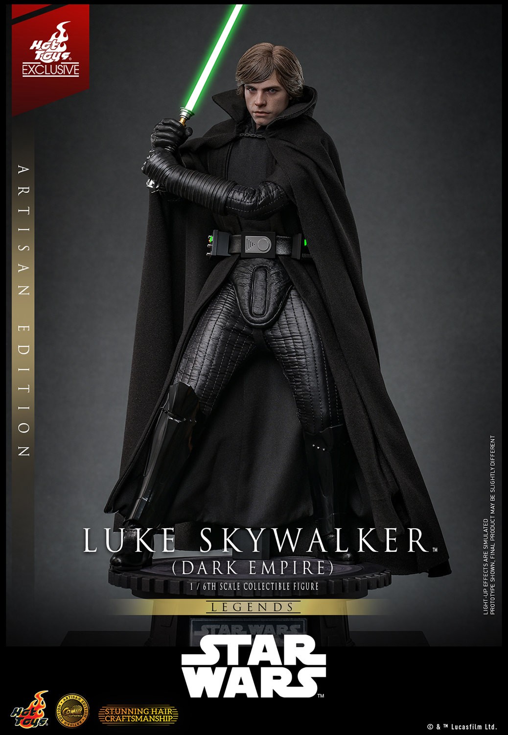 Full-body shot of Luke Skywalker™ (Dark Empire) with a serious expression, holding his green lightsaber on the right side of his face, slightly crouched on a display base. (Prototype Shown) View 11