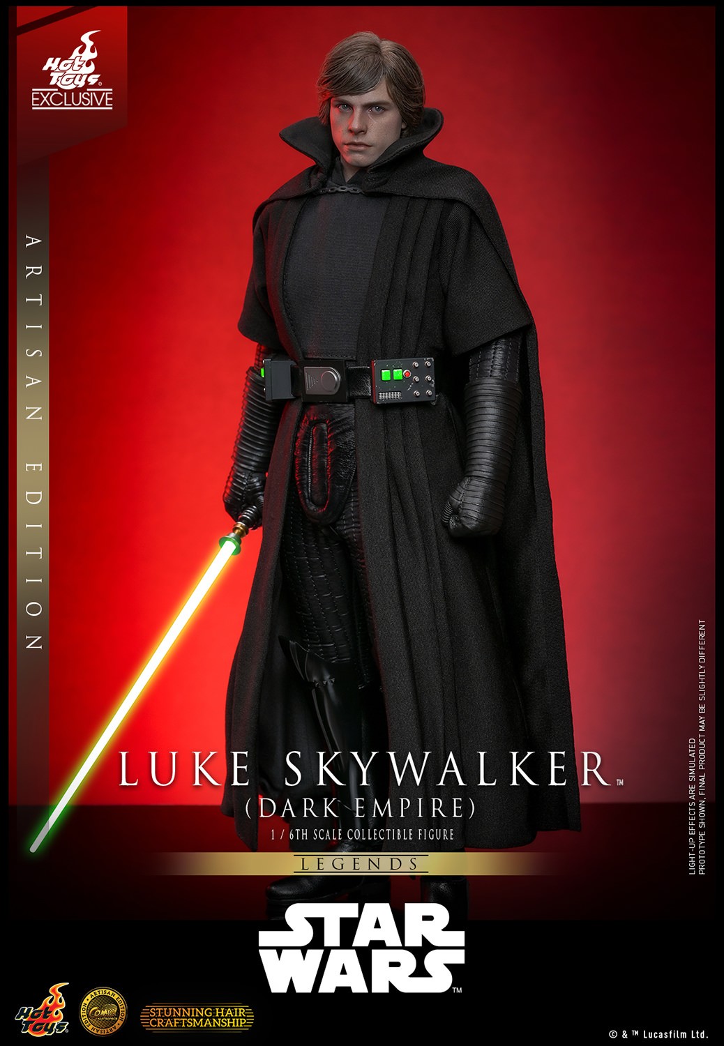 Full-body shot of Luke Skywalker™ (Dark Empire) wearing a black cloak, holding a green lightsaber. (Prototype Shown) View 12