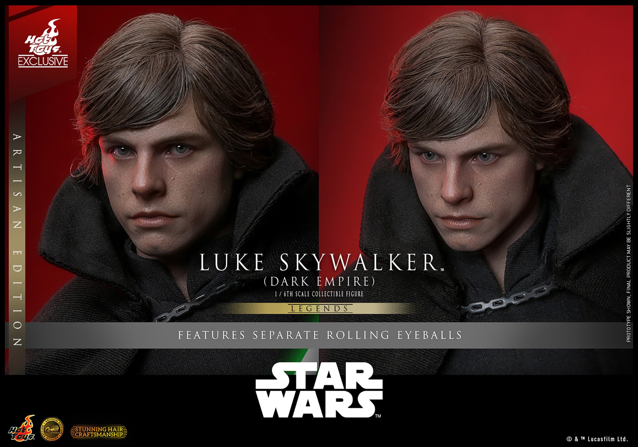 Two close-up portraits of Luke Skywalker™ (Dark Empire) showcasing the separate rolling eyeballs feature and detailed face sculpt. (Prototype Shown) View 15