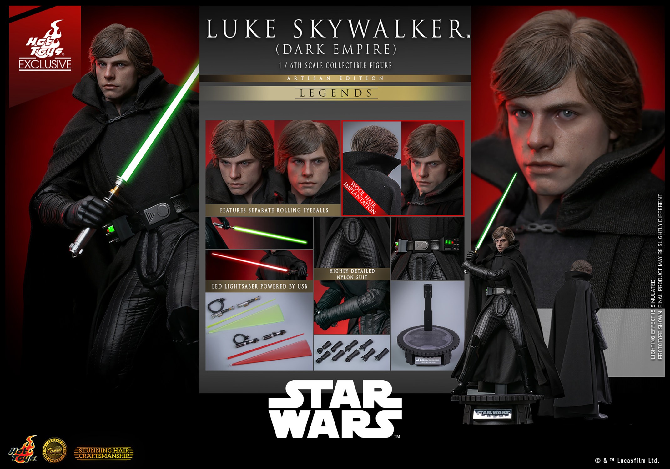 Multiple portraits of Luke Skywalker™ (Dark Empire) showcasing his full figure, along with images of accessories and parts included in the box. (Prototype Shown) View 17