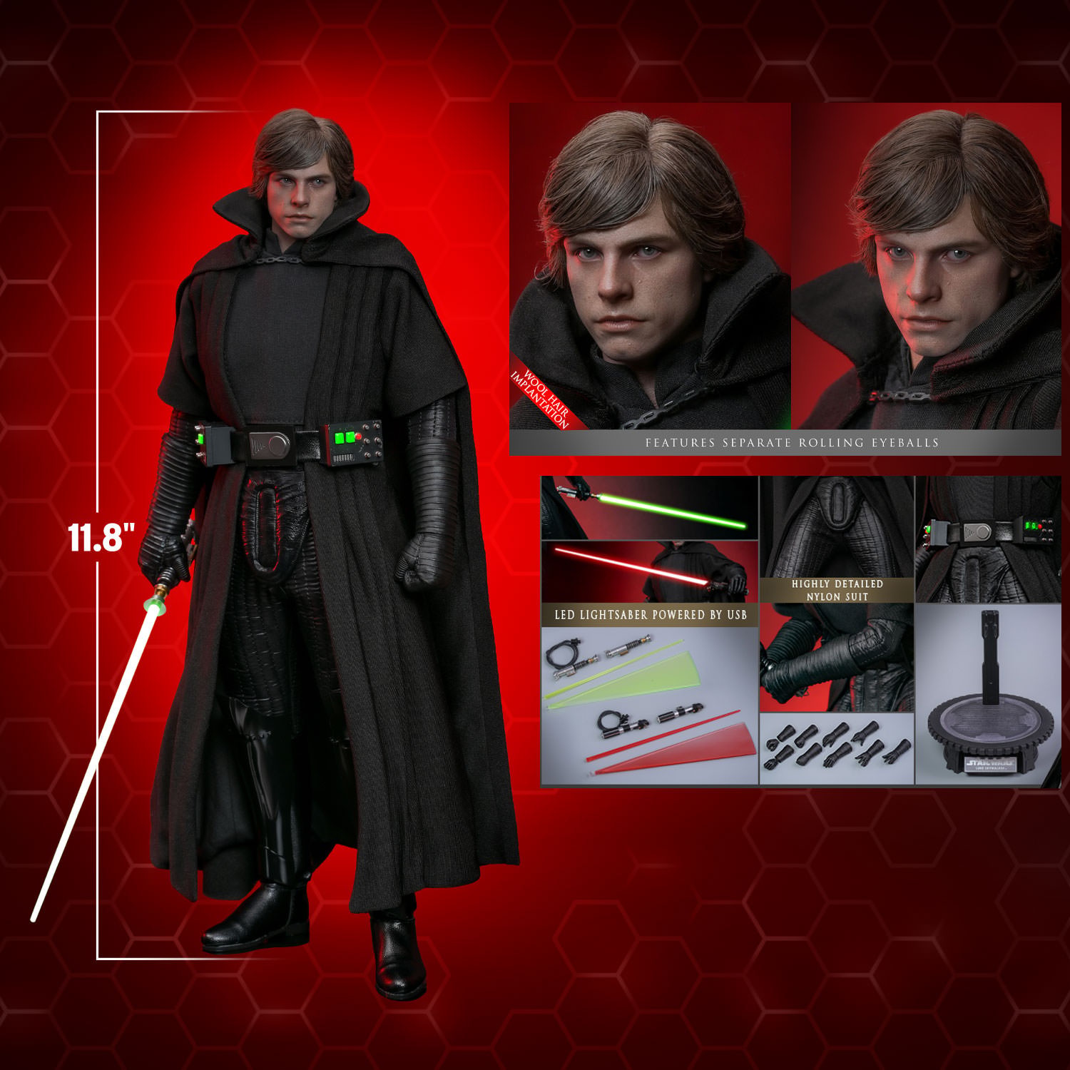 Full-body shot of Luke Skywalker™ (Dark Empire) showcasing the figure's scale, with additional feature pictures highlighting the contents of the box. (Prototype Shown) View 2