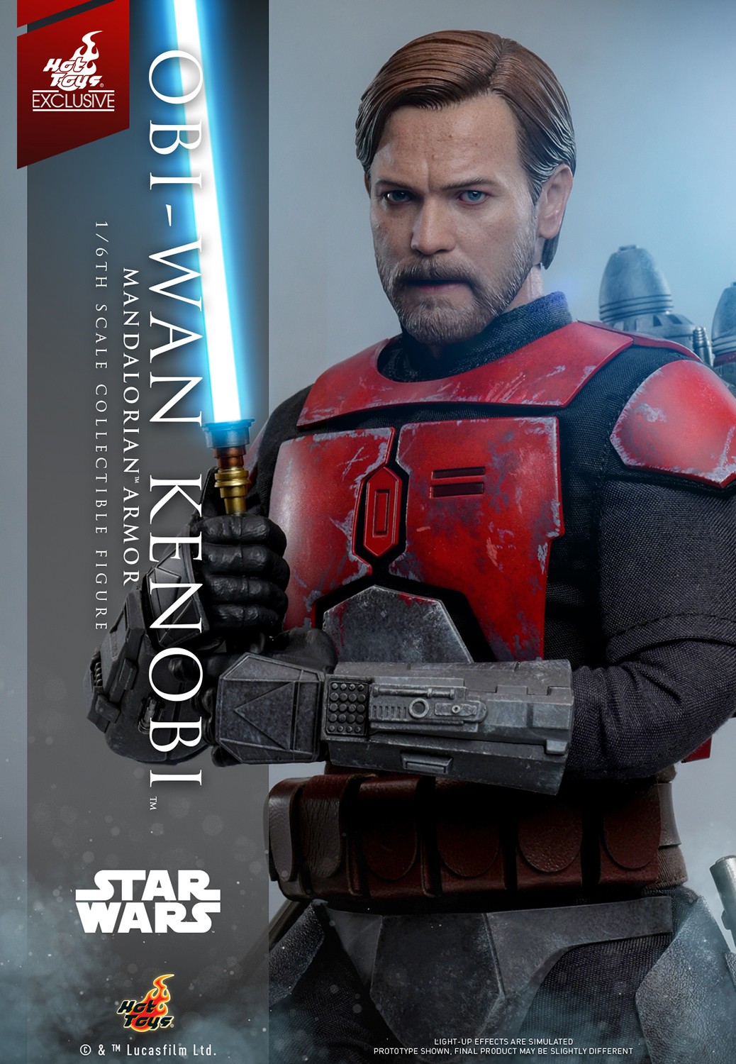 Half-body shot of Obi-Wan Kenobi™ in Mandalorian™ Armor, holding a LED-lighted lightsaber with both hands in front of his chest, serious expression. (Prototype Shown) View 1