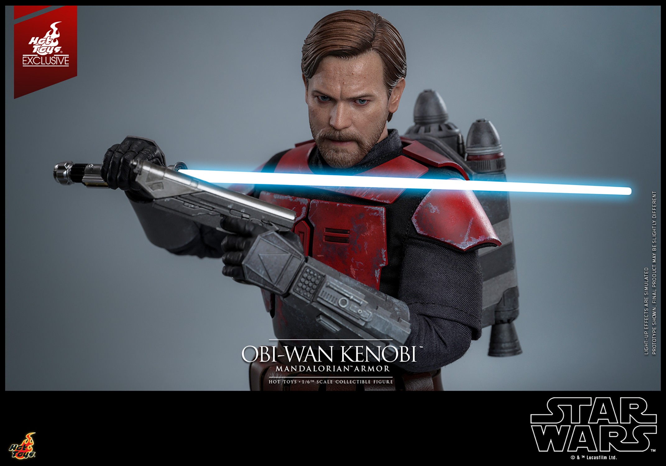 Half-body shot of Obi-Wan Kenobi™ with a serious expression, holding a blaster and lightsaber in front of him, wearing a jetpack. (Prototype Shown) View 4