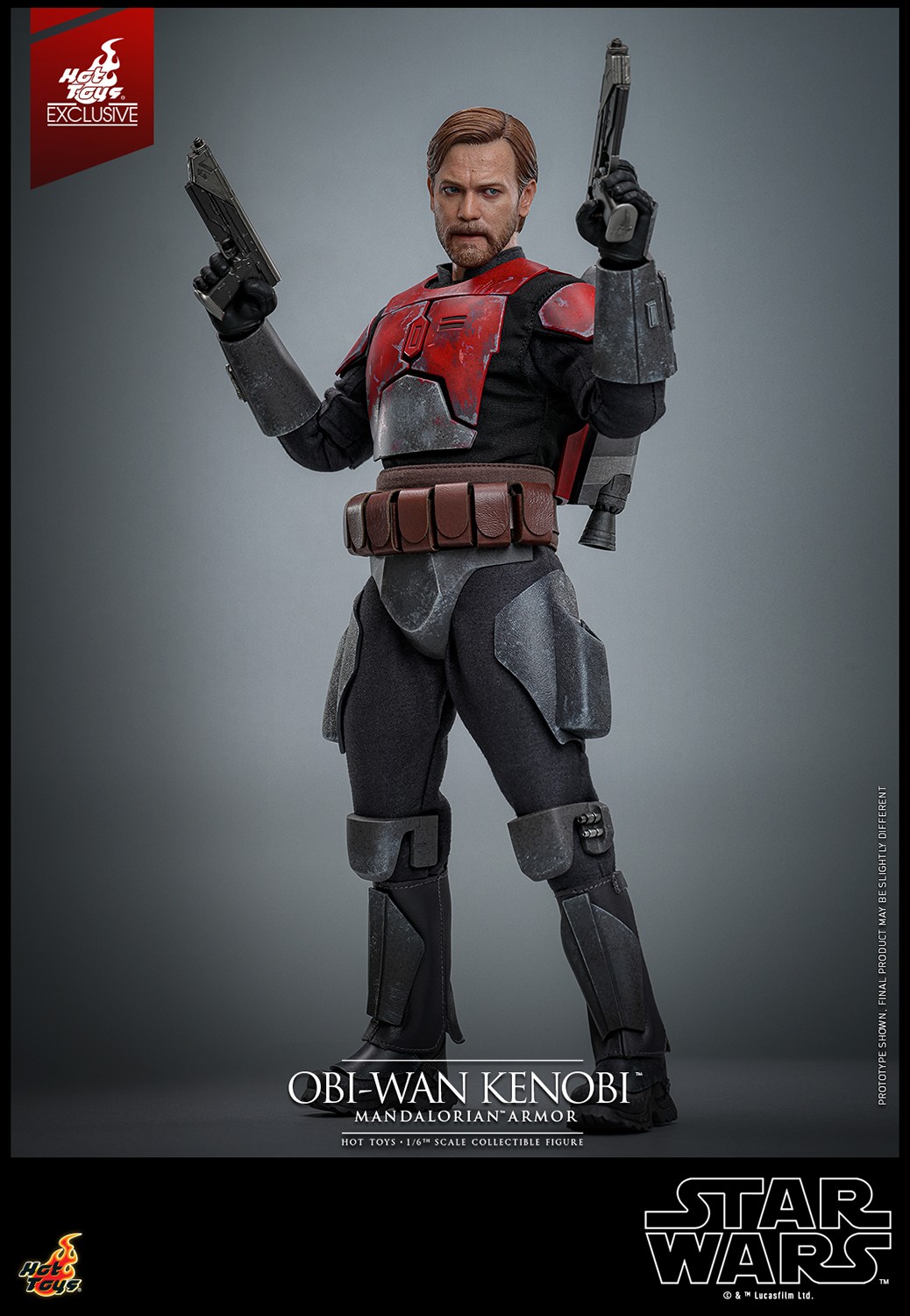 Full-body shot of Obi-Wan Kenobi™ in a wider stance, looking to his left, holding two blaster pistols raised in the air. (Prototype Shown) View 7