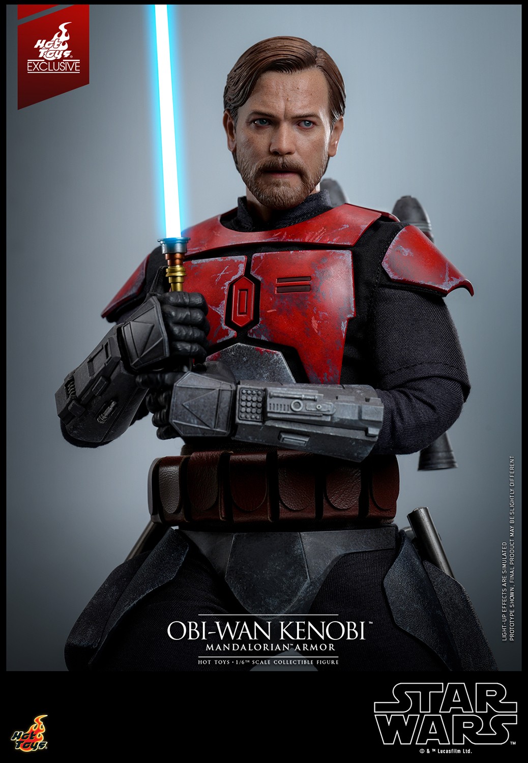 Half-body shot of Obi-Wan Kenobi™ in Mandalorian™ Armor, holding a LED-lighted lightsaber with both hands in front of his chest, serious expression. (Prototype Shown) View 8