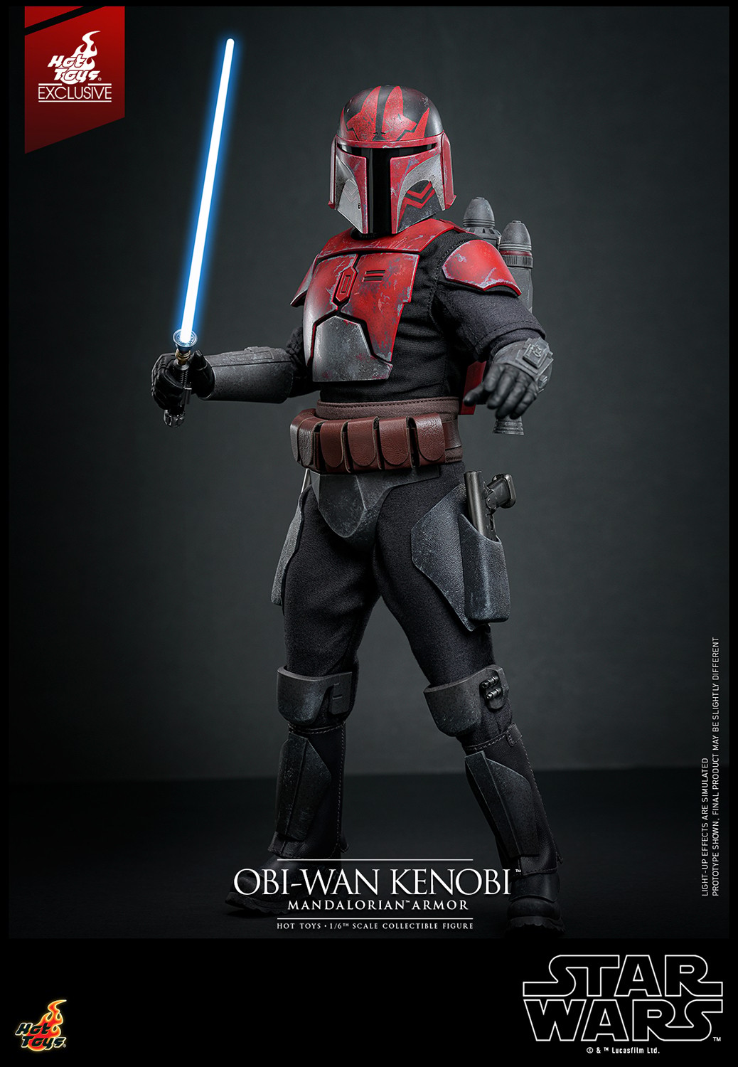 Left-angle view of Obi-Wan Kenobi™ in Mandalorian™ armor, holding a lightsaber in his right hand while gesturing outward with his left. (Prototype Shown) View 12