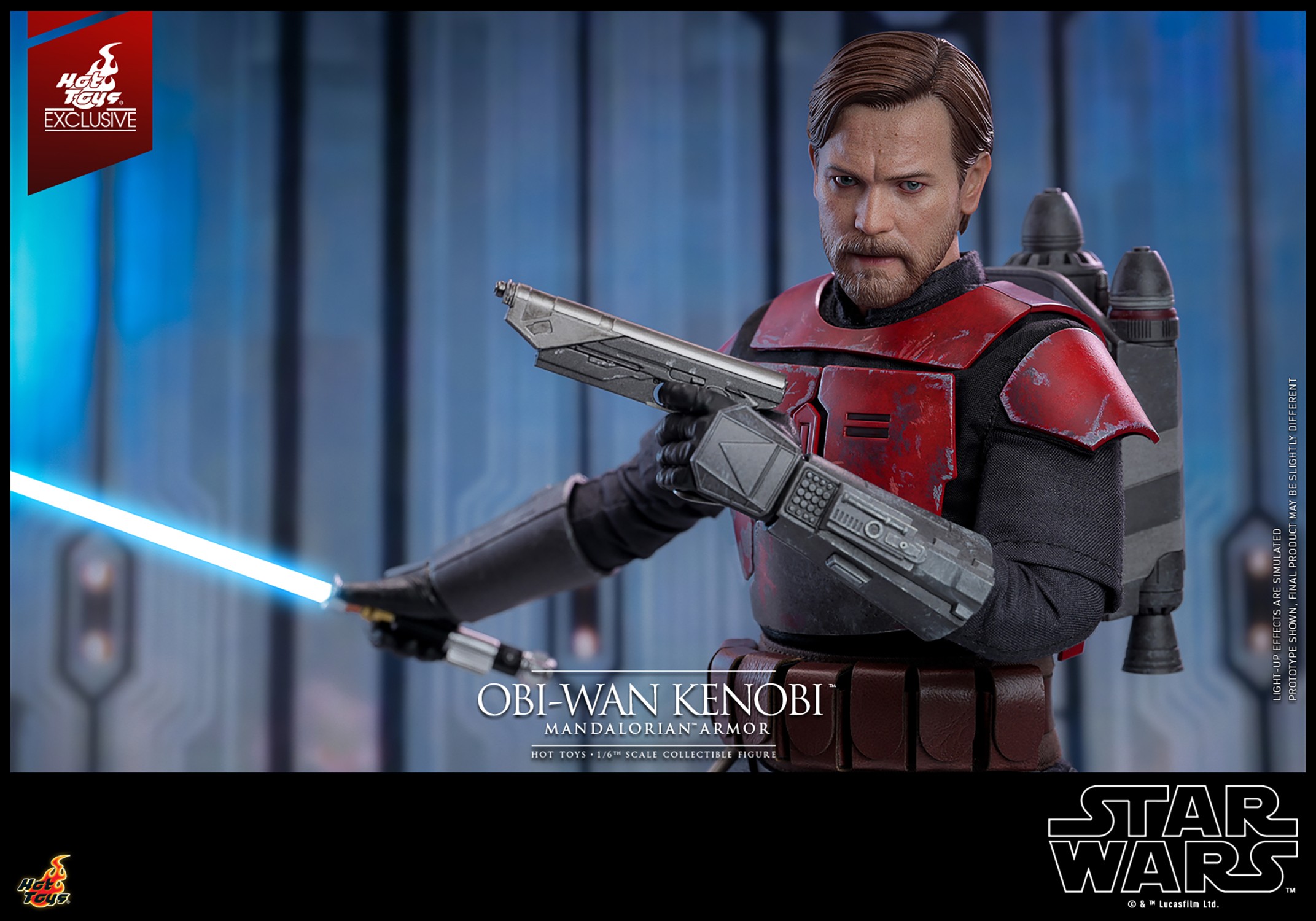 Half-body shot of Obi-Wan Kenobi™ in Mandalorian™ armor, showcasing his serious expression while holding a blaster pistol across his chest and a lightsaber in his right hand. (Prototype Shown) View 15