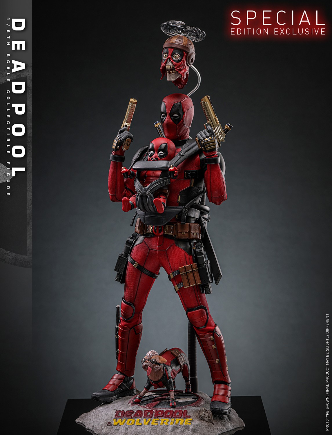 Full side view of Deadpool Sixth Scale Action Figure by Hot Toys on stand, holding gold guns with BabyPool, Headpool, and Peggy. (Prototype Shown) View 4