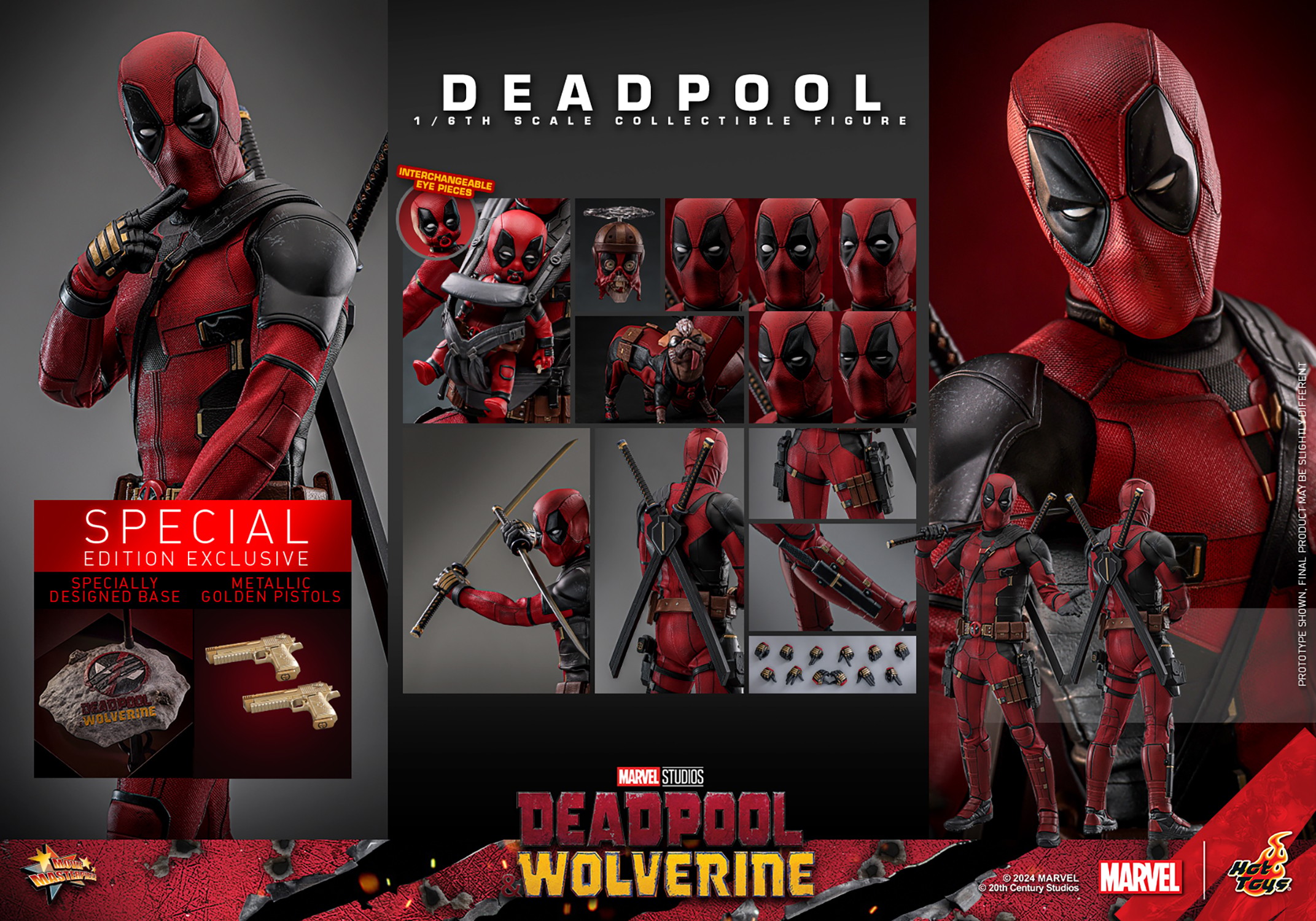 Deadpool Sixth Scale Action Figure by Hot Toys, showcasing 360 full-body portraits and smaller images of exclusive items included in the box. (Prototype Shown) View 13