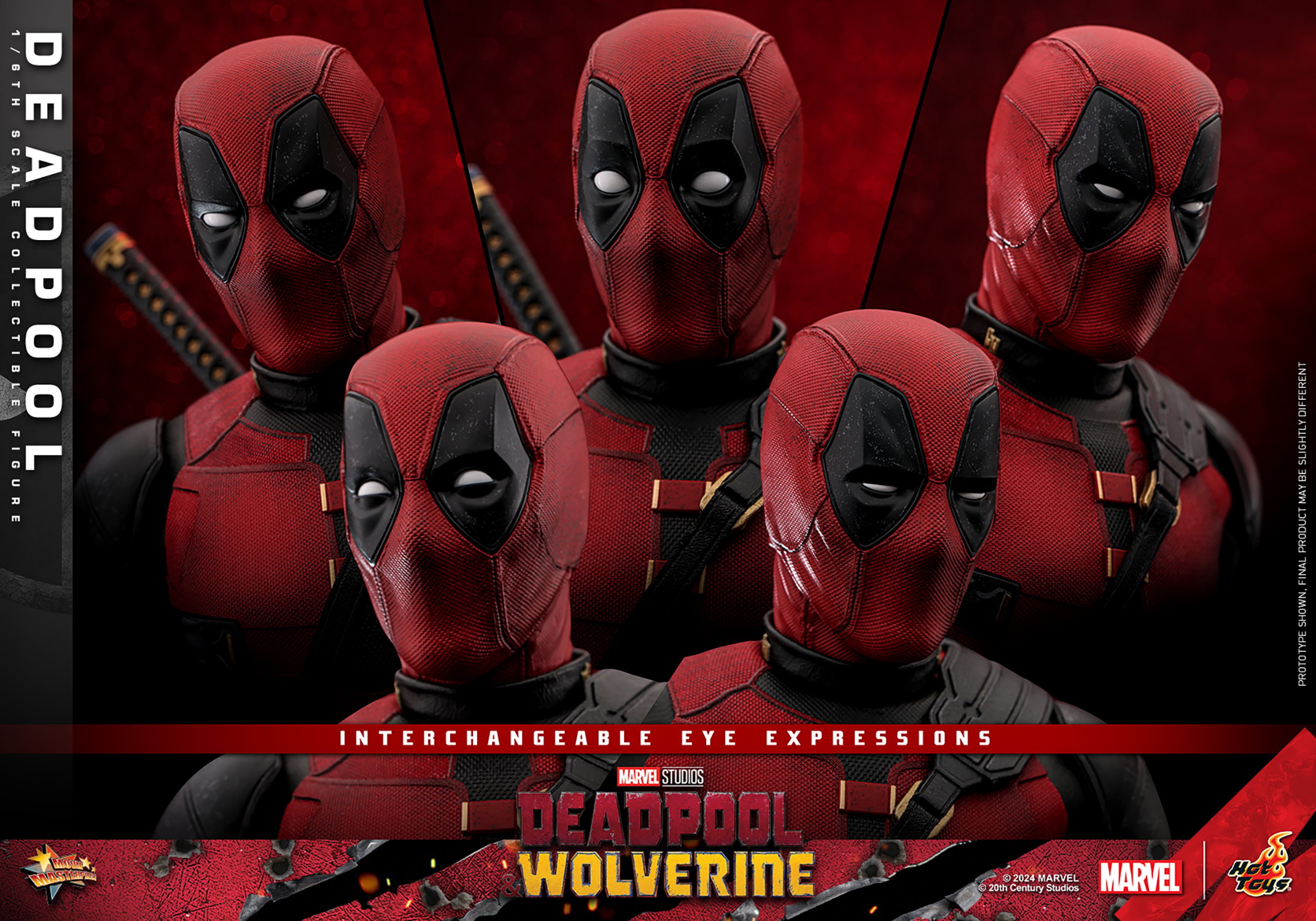 Deadpool Sixth Scale Action Figure by Hot Toys, featuring five face portraits showcasing interchangeable eye expressions. (Prototype Shown) View 12