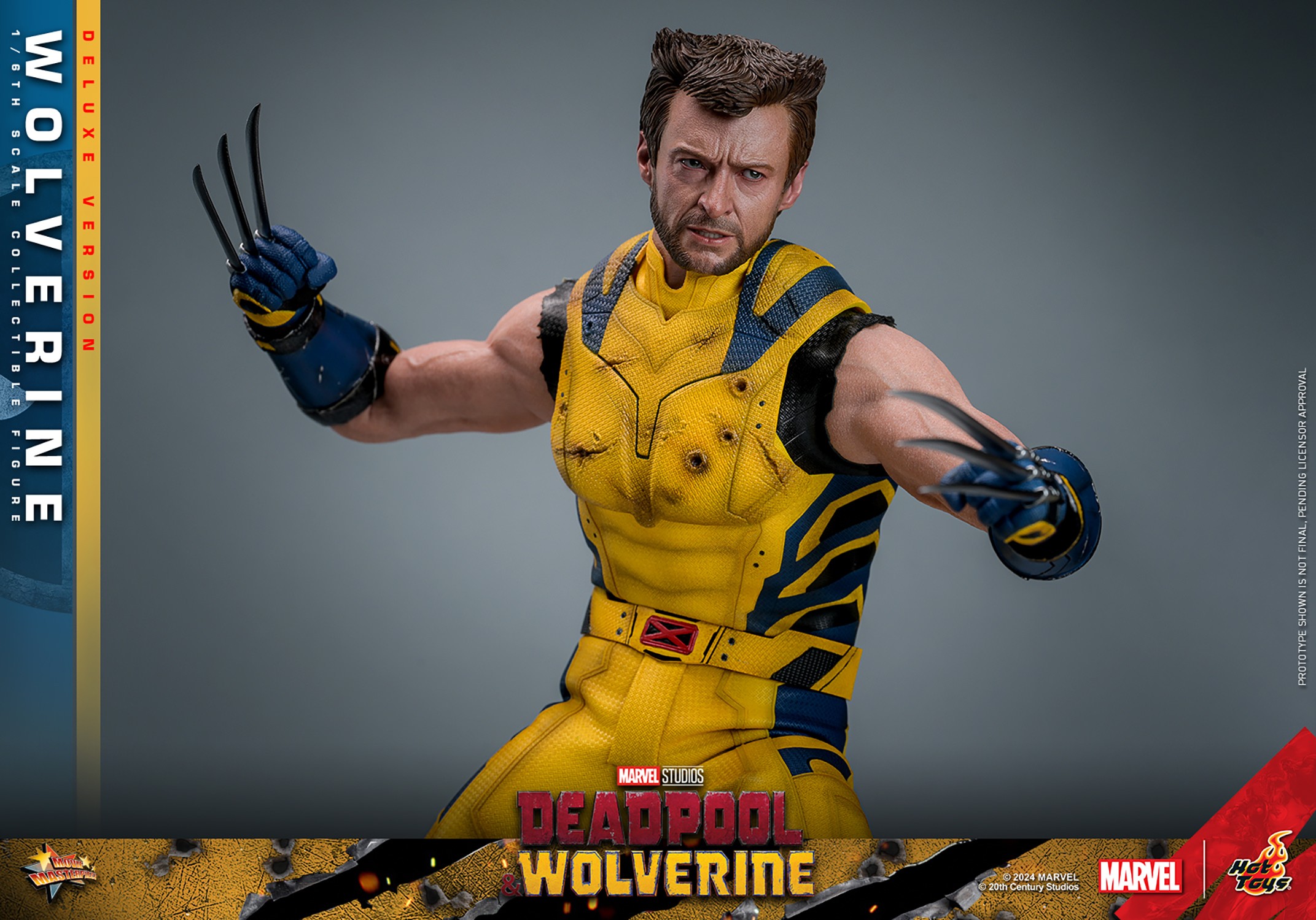 Wolverine Sixth Scale Action Figure by Hot Toys: half-body shot in damaged suit, no mask, arms widespread and slightly raised, claws out. (Prototype Shown) View 4