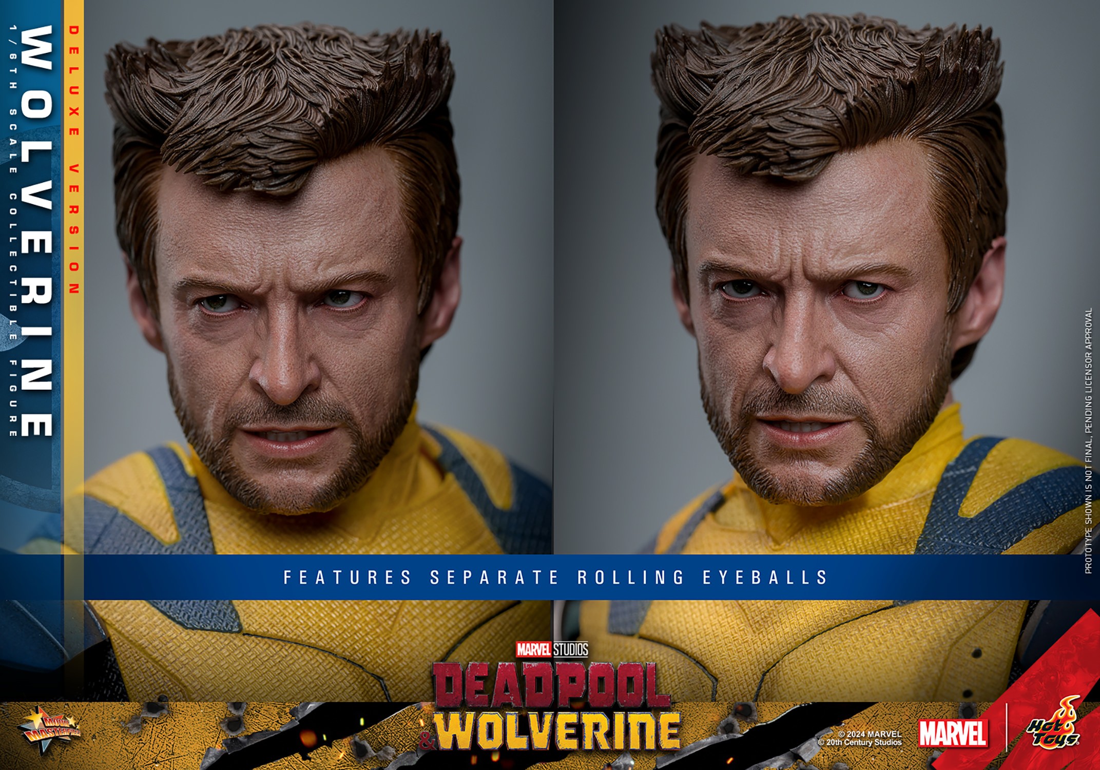 Wolverine Sixth Scale Action Figure by Hot Toys: two face portraits, no mask, showcasing rolling eyeball feature. (Prototype Shown) View 10