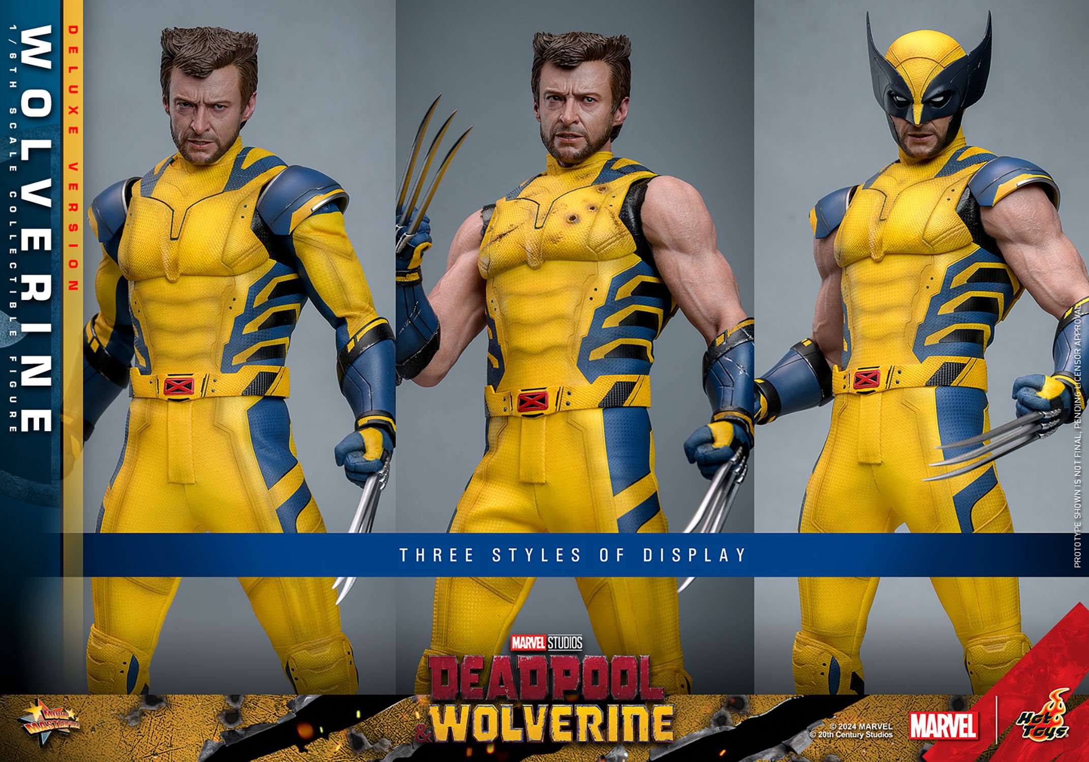 Wolverine Sixth Scale Action Figure by Hot Toys: showcasing three display styles: full body suit, damaged suit no mask, and full body suit with mask and no sleeves. (Prototype Shown) View 11