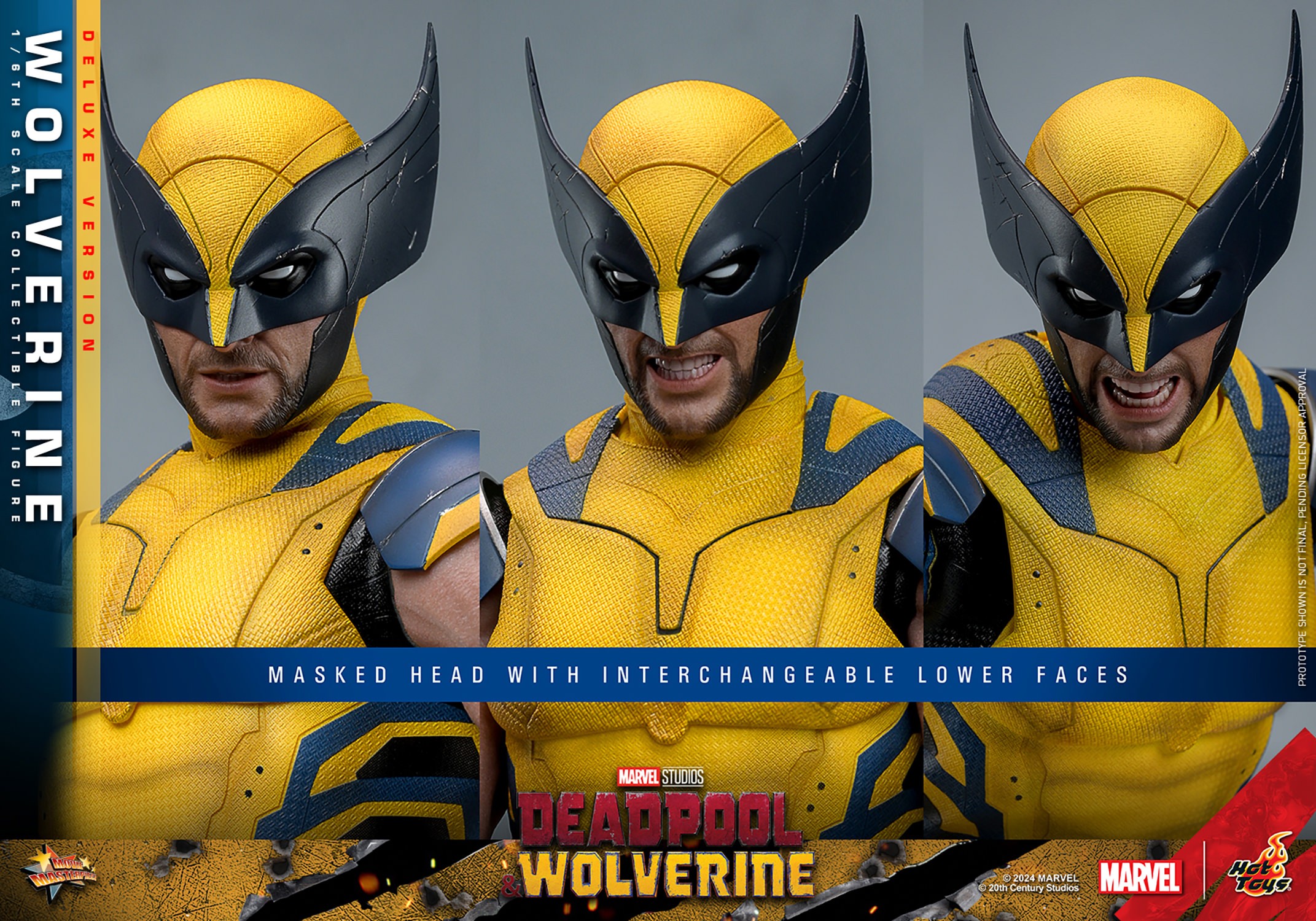 Wolverine Sixth Scale Action Figure by Hot Toys: three face portraits showcasing masked head with interchangeable lower faces. (Prototype Shown) View 12