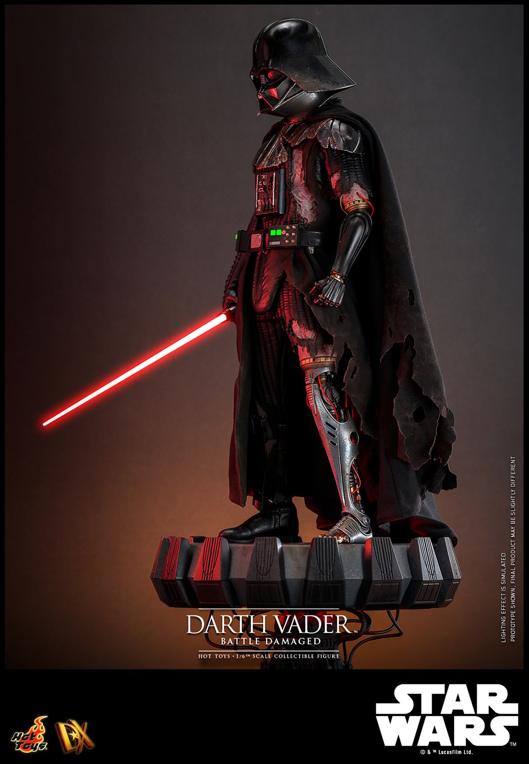 Left side view of Darth Vader™ (Battle Damaged) in full suit, displayed on a base, holding a lightsaber in his right hand with his mechno left arm at his side. (Prototype Shown) View 6