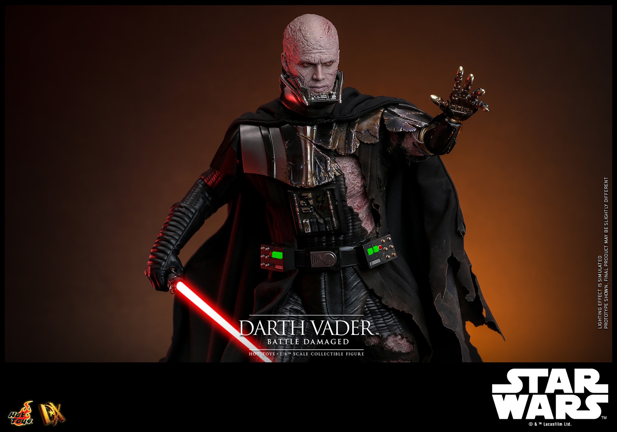 Right angle shot of Darth Vader™ (Battle Damaged) unmasked, holding a lightsaber in his right hand while extending his mechno left arm. (Prototype Shown) View 8