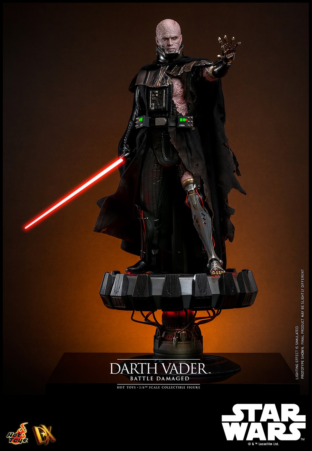 Left angle shot of Darth Vader™ (Battle Damaged) unmasked, displayed on a base, holding a lightsaber in his right hand, and extending his mechno left arm. (Prototype Shown) View 15