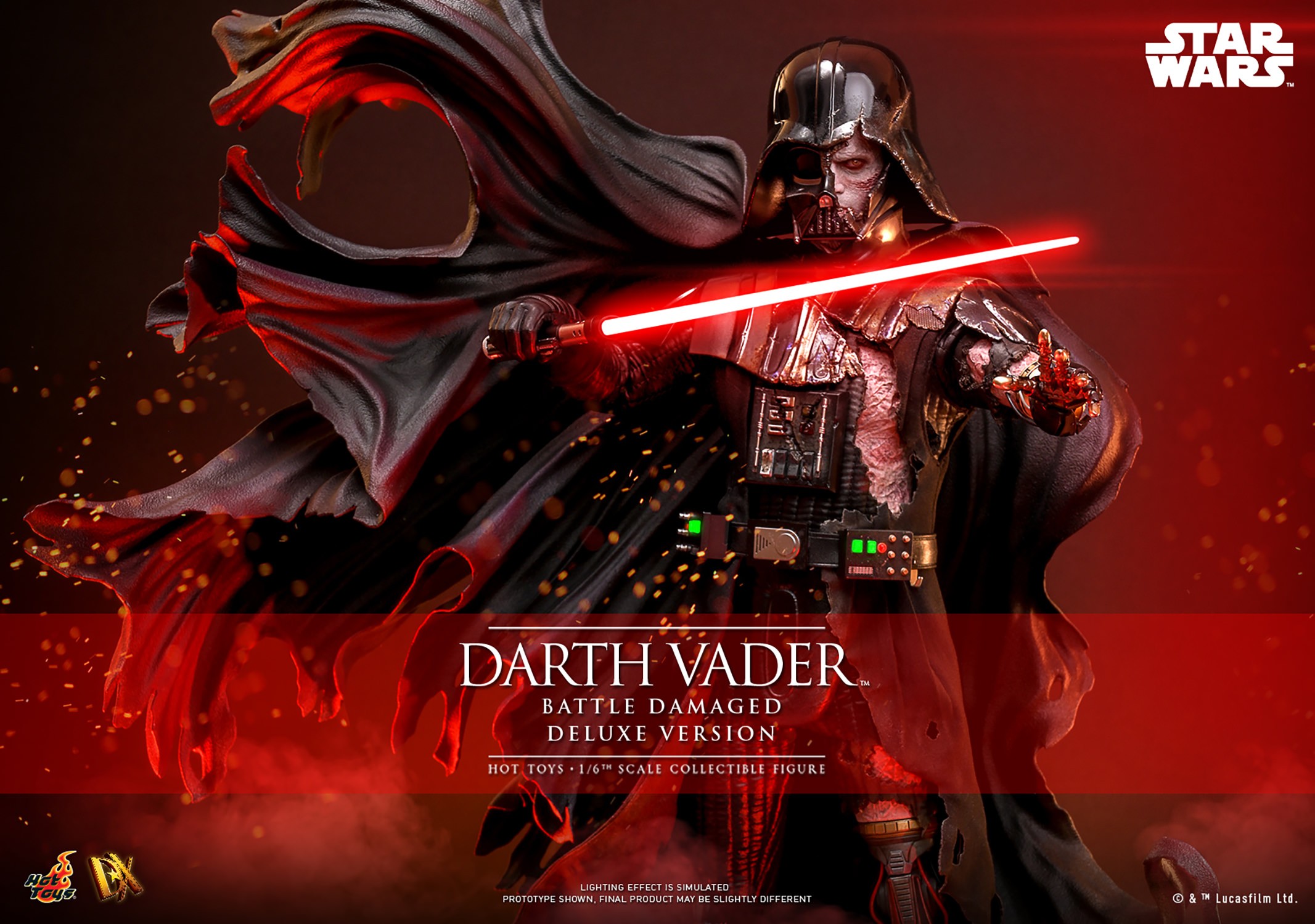 Full-body shot of Darth Vader™ (Battle Damaged), showcasing his helmet, silhouette cape, holding a lightsaber in his right hand, and extending his mechno left arm. (Prototype Shown) View 1