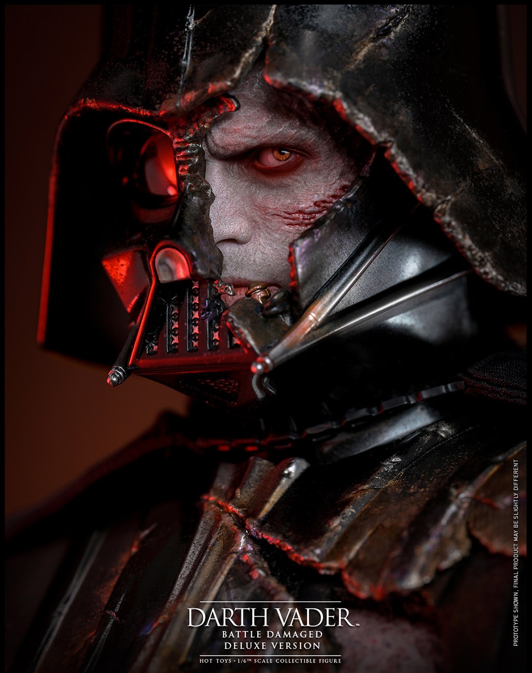 Close-up portrait of Darth Vader™ (Battle Damaged), showcasing his battle-damaged helmet revealing part of his head sculpt with a scarred forehead, equipped with a rolling eyeball function. (Prototype Shown) View 3