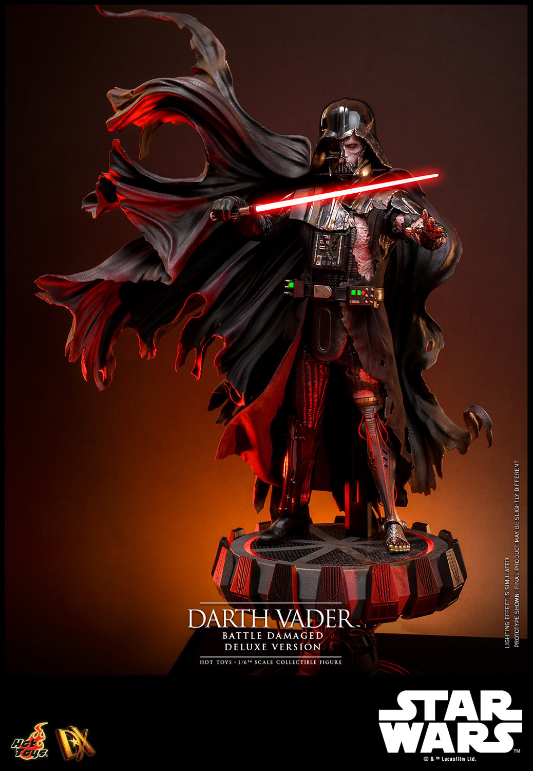 Full-body shot of Darth Vader™ (Battle Damaged) on a display base, featuring his battle-damaged helmet, silhouette cape, and holding a lightsaber in his right hand. (Prototype Shown) View 5