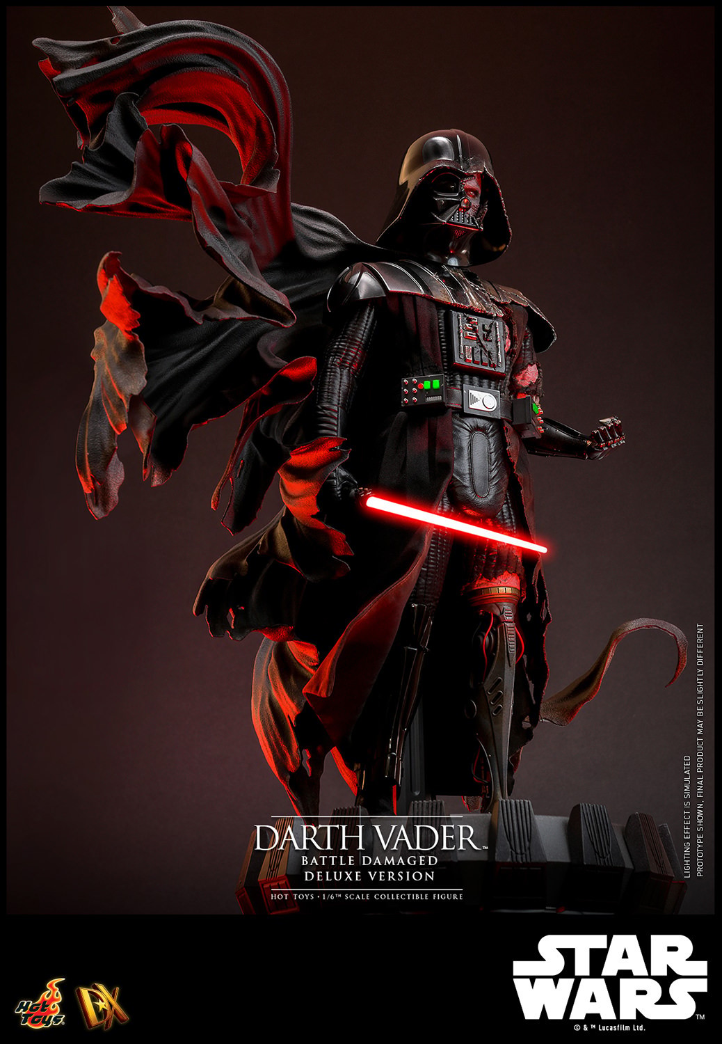 Right angle view of Darth Vader™ (Battle Damaged) on a display base, with his battle-damaged helmet, silhouette cape, lightsaber in hand, and mechno fist. (Prototype Shown) View 7