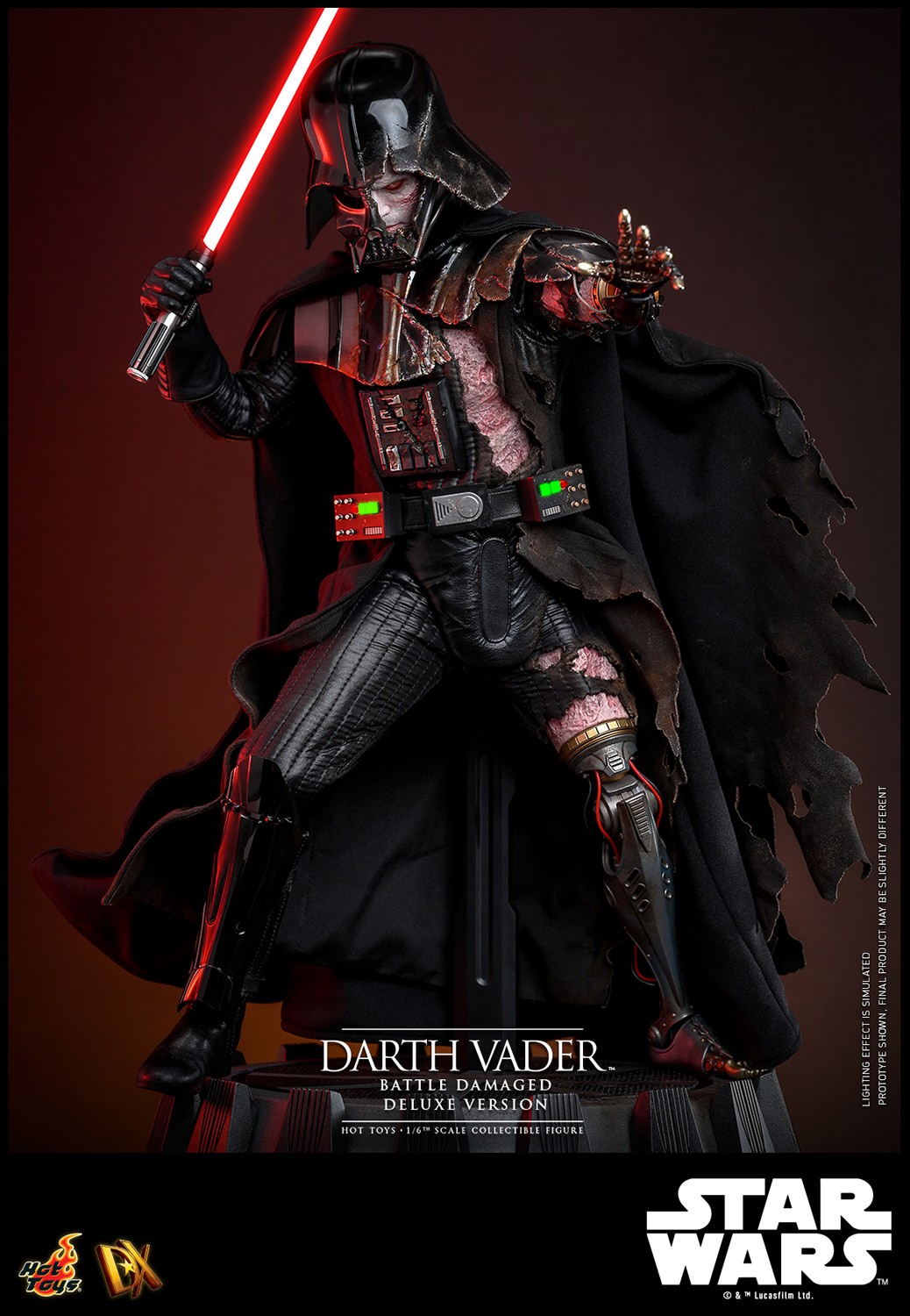 Full-body shot of Darth Vader™ (Battle Damaged), featuring interchangeable cape, battle-damaged helmet, holding a lightsaber, and extending his mechno left arm. (Prototype Shown) View 8