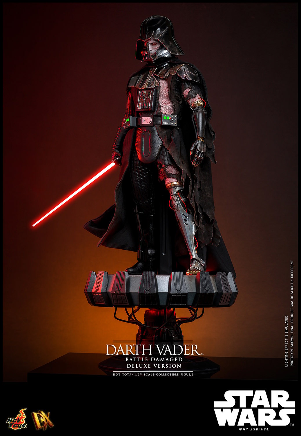Left angle view of Darth Vader™ (Battle Damaged) in full suit, displayed on a base, holding a lightsaber in his right hand with his mechno left arm at his side. (Prototype Shown) View 10